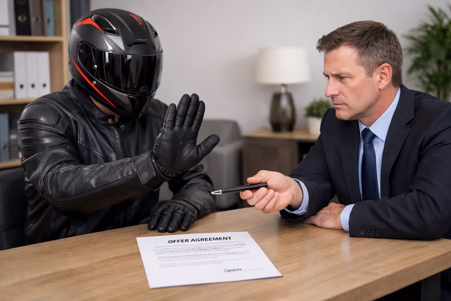 Motorcyclist making a stop gesture and refusing to sign a document while an insurance adjuster offers a pen across a table