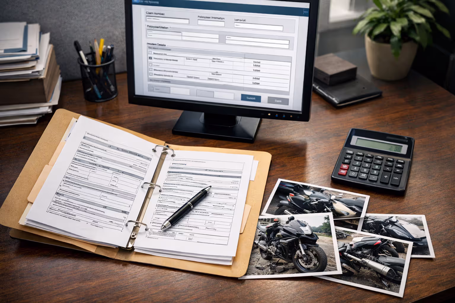Insurance adjuster desk with claim documents open folder motorcycle damage photos calculator and computer screen