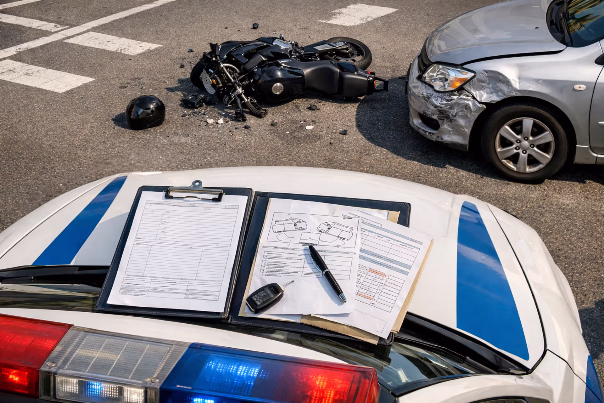 Damaged motorcycle lying on city intersection road next to car with dented fender and insurance claim folder on police car hood