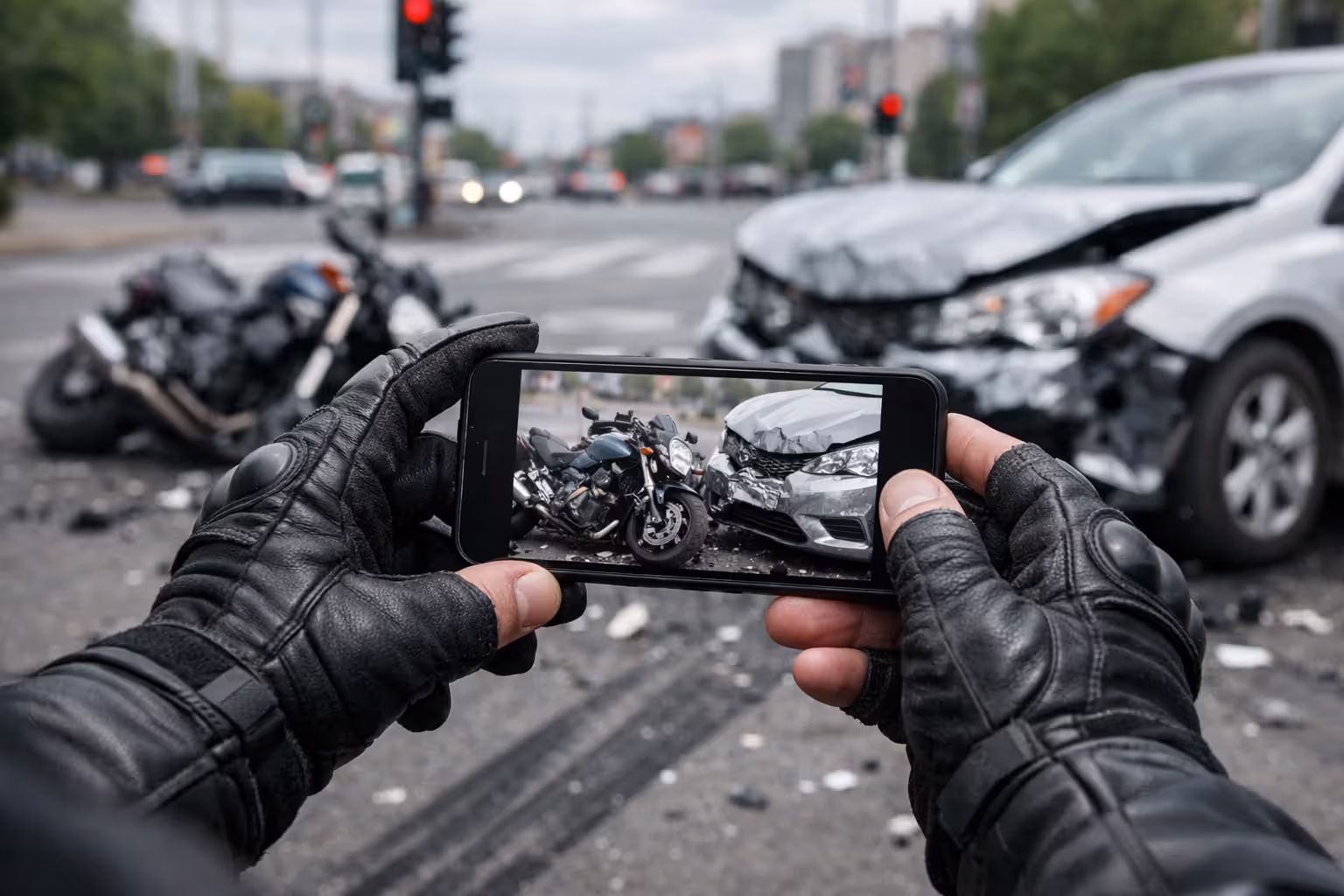 Motorcyclist hands holding smartphone photographing accident scene at urban intersection with damaged vehicles, tire marks, and debris visible