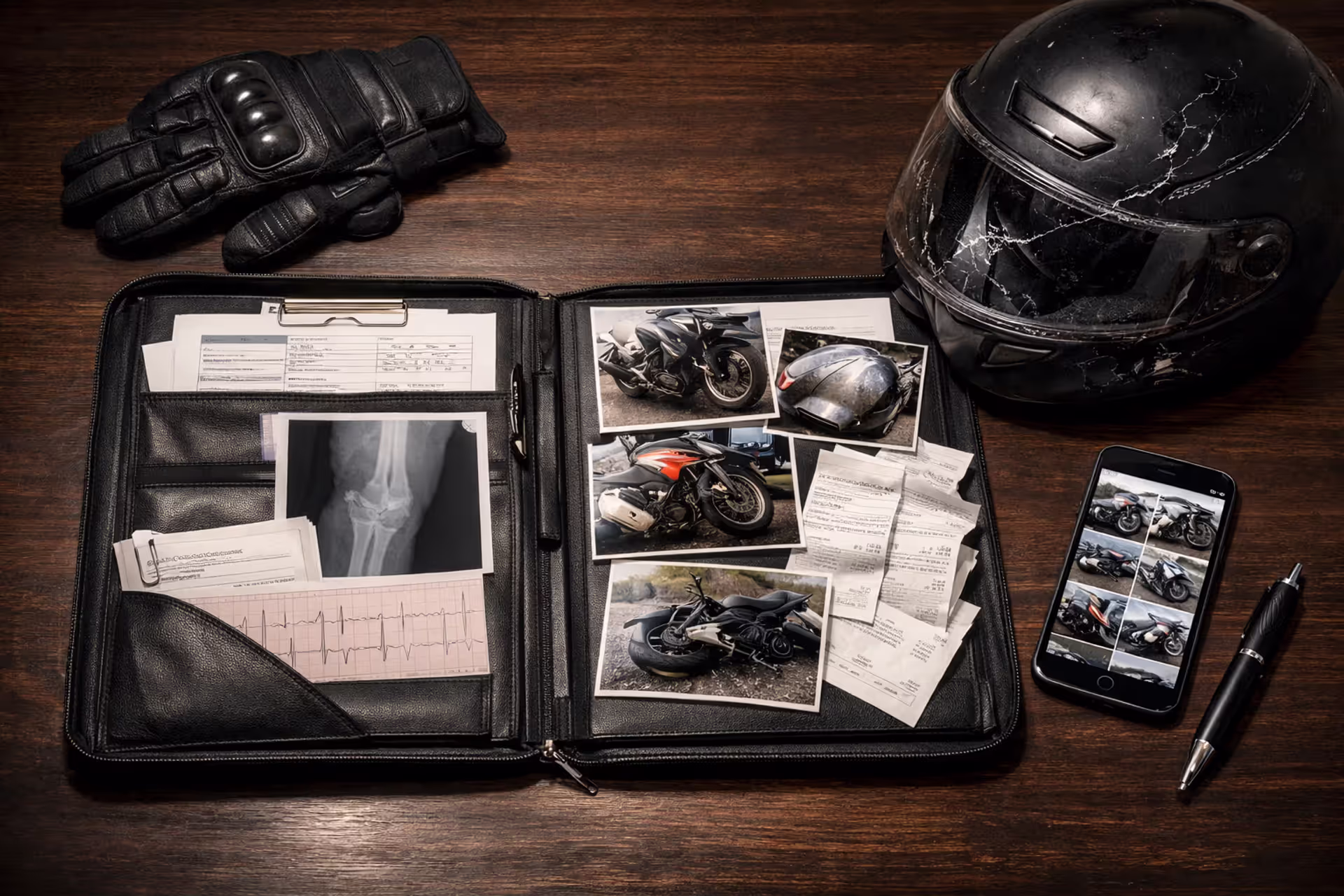 Leather folder with organized accident claim documents, damage photos and receipts on dark wooden desk next to scratched motorcycle helmet, gloves, pen, and smartphone showing crash scene gallery