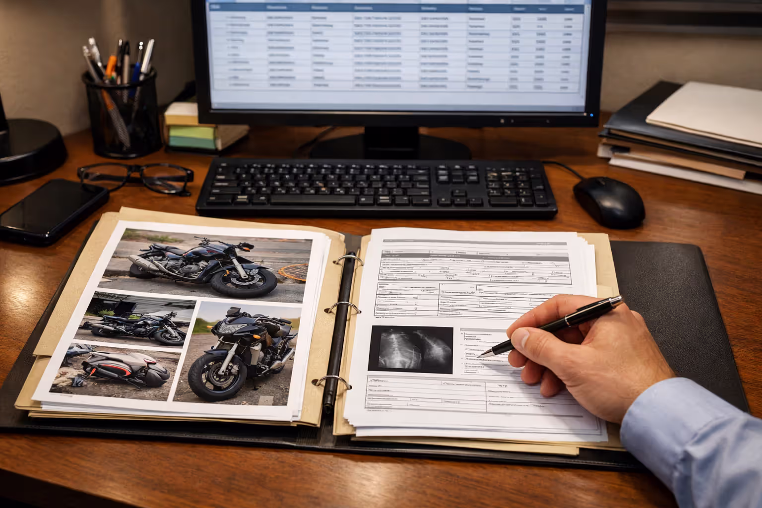Insurance claims adjuster reviewing motorcycle accident case file with police report photos and medical documents at office desk