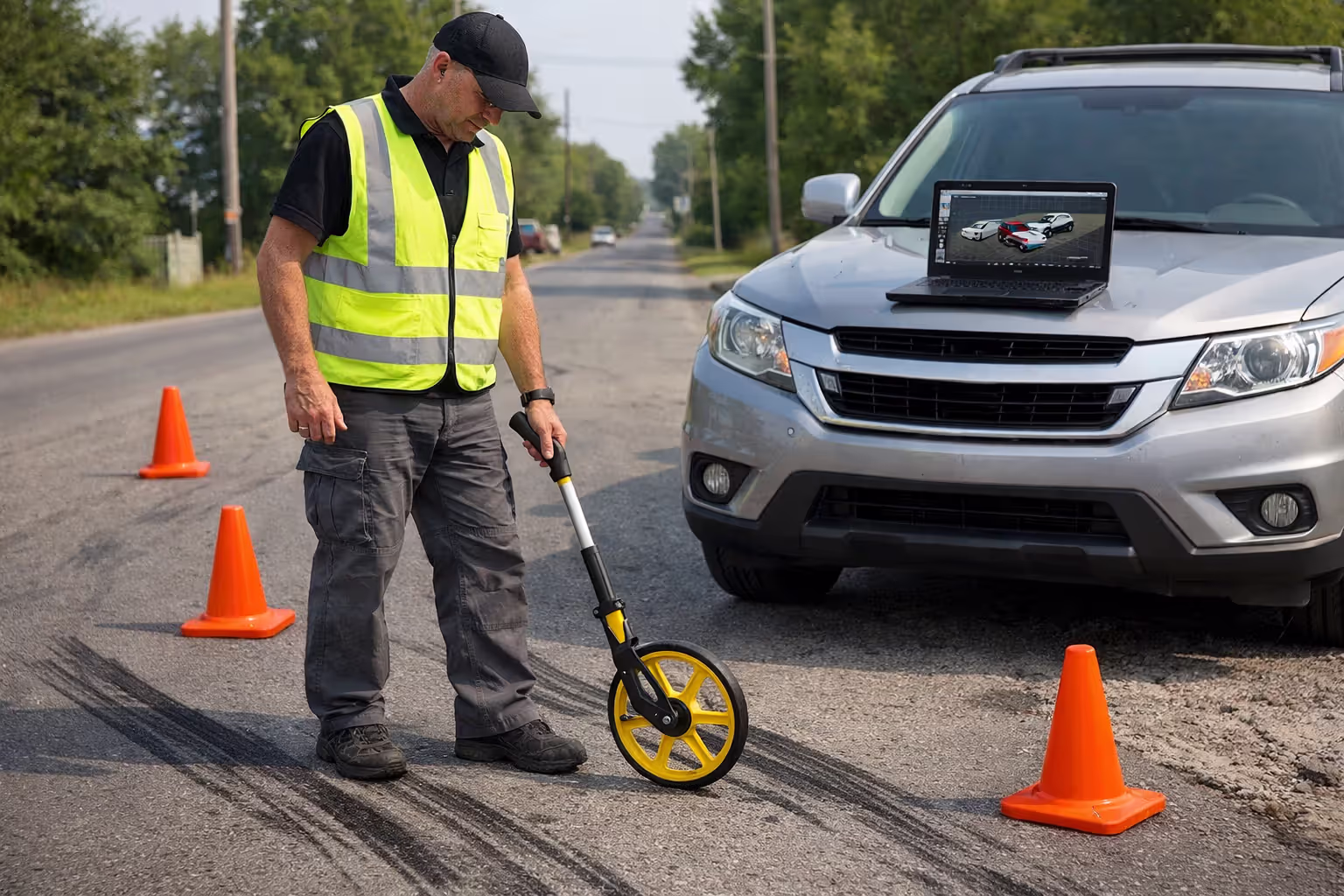 Accident reconstruction specialist measuring skid marks on road with measuring wheel and laptop showing 3D collision simulation