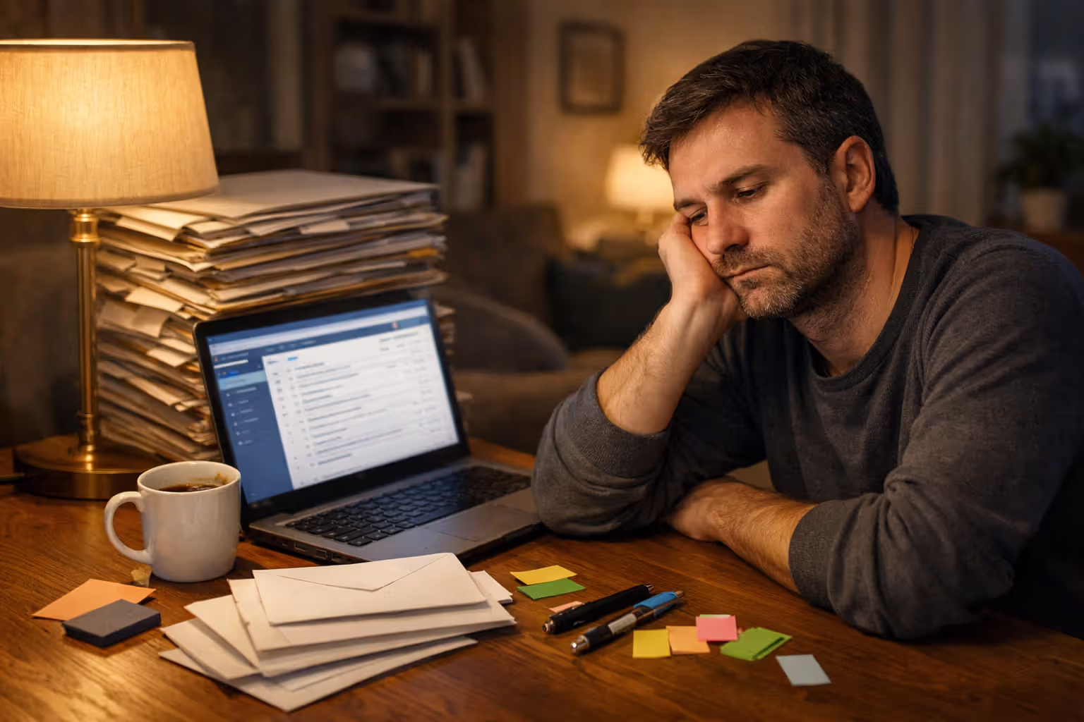 Tired person at home desk with laptop, stacked claim folders, unopened envelopes, and cold coffee showing long insurance waiting process