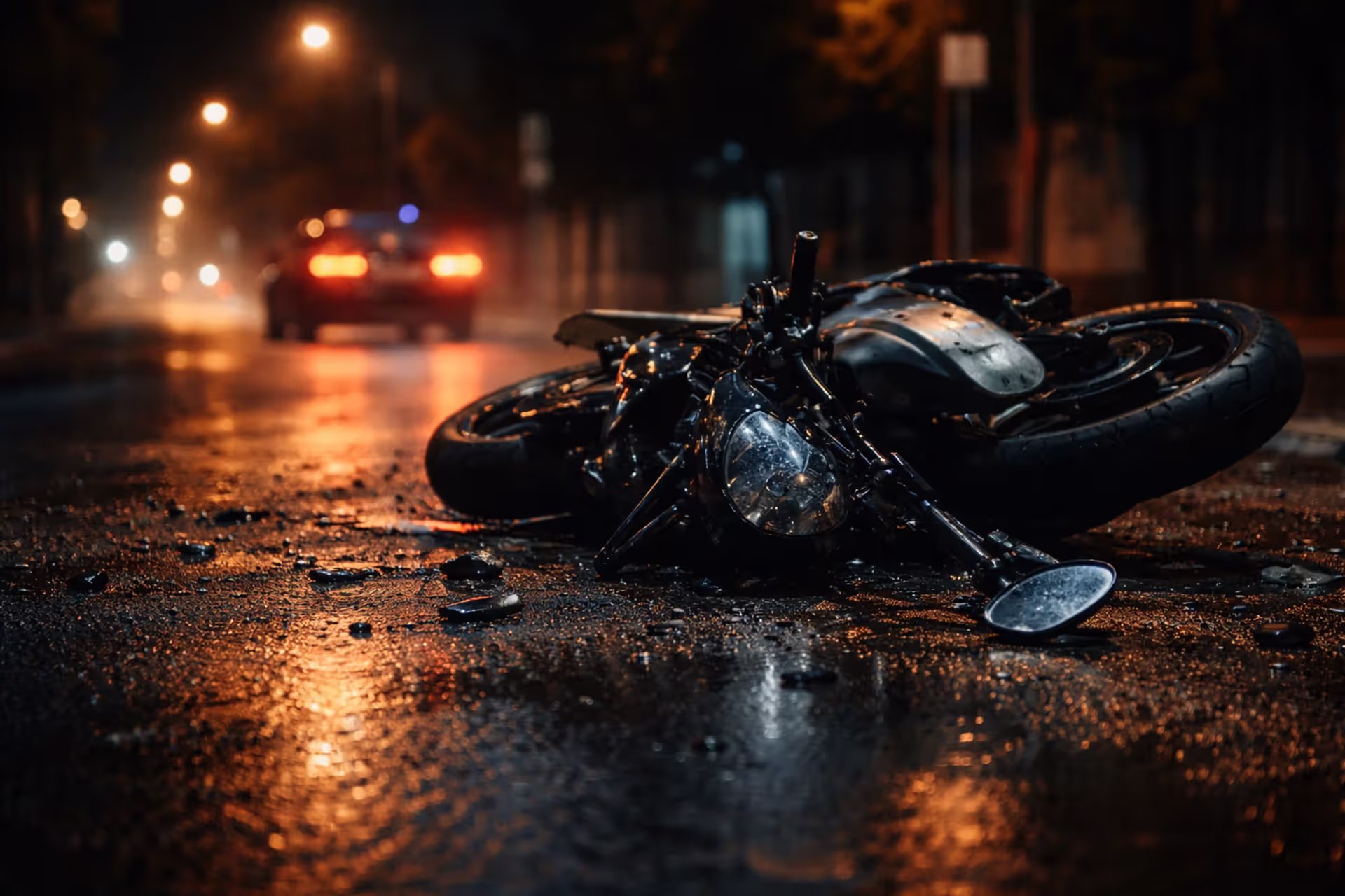 Damaged motorcycle lying on wet urban road at night with car taillights disappearing in the background after a hit and run accident