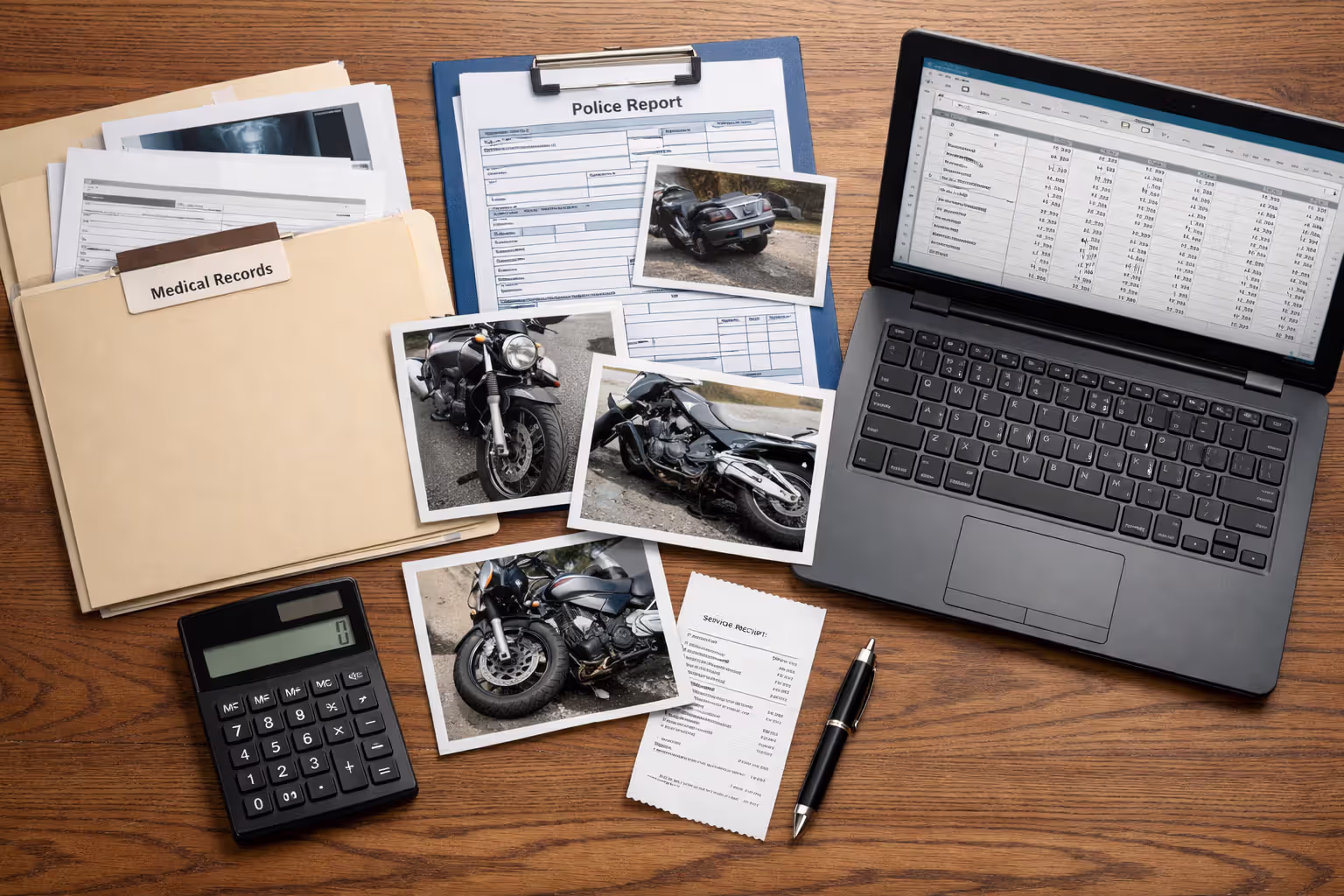 Organized desk with insurance claim documents including medical records, police report, repair estimates, and laptop with expense spreadsheet