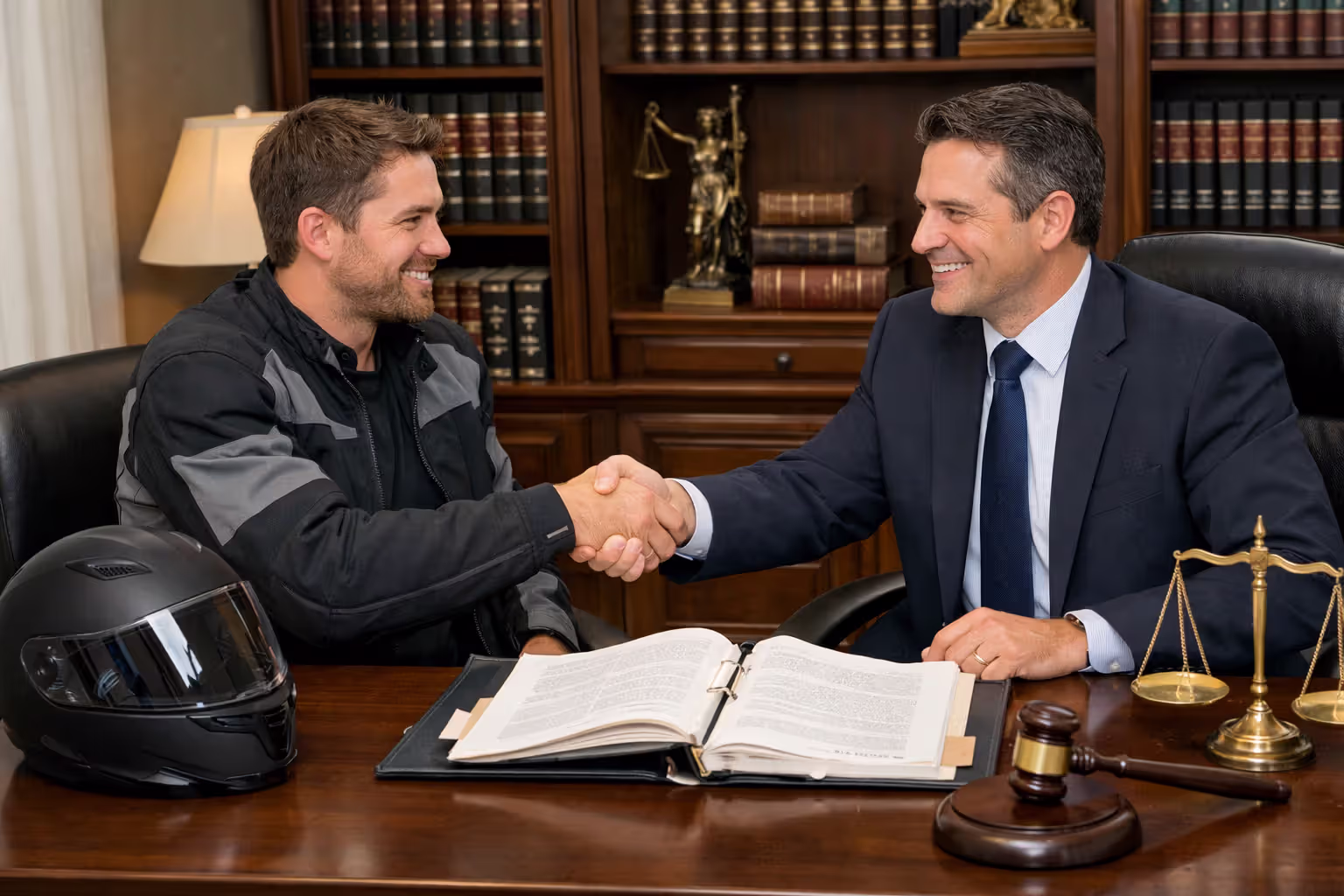 Motorcycle rider shaking hands with attorney in law office with case documents on desk