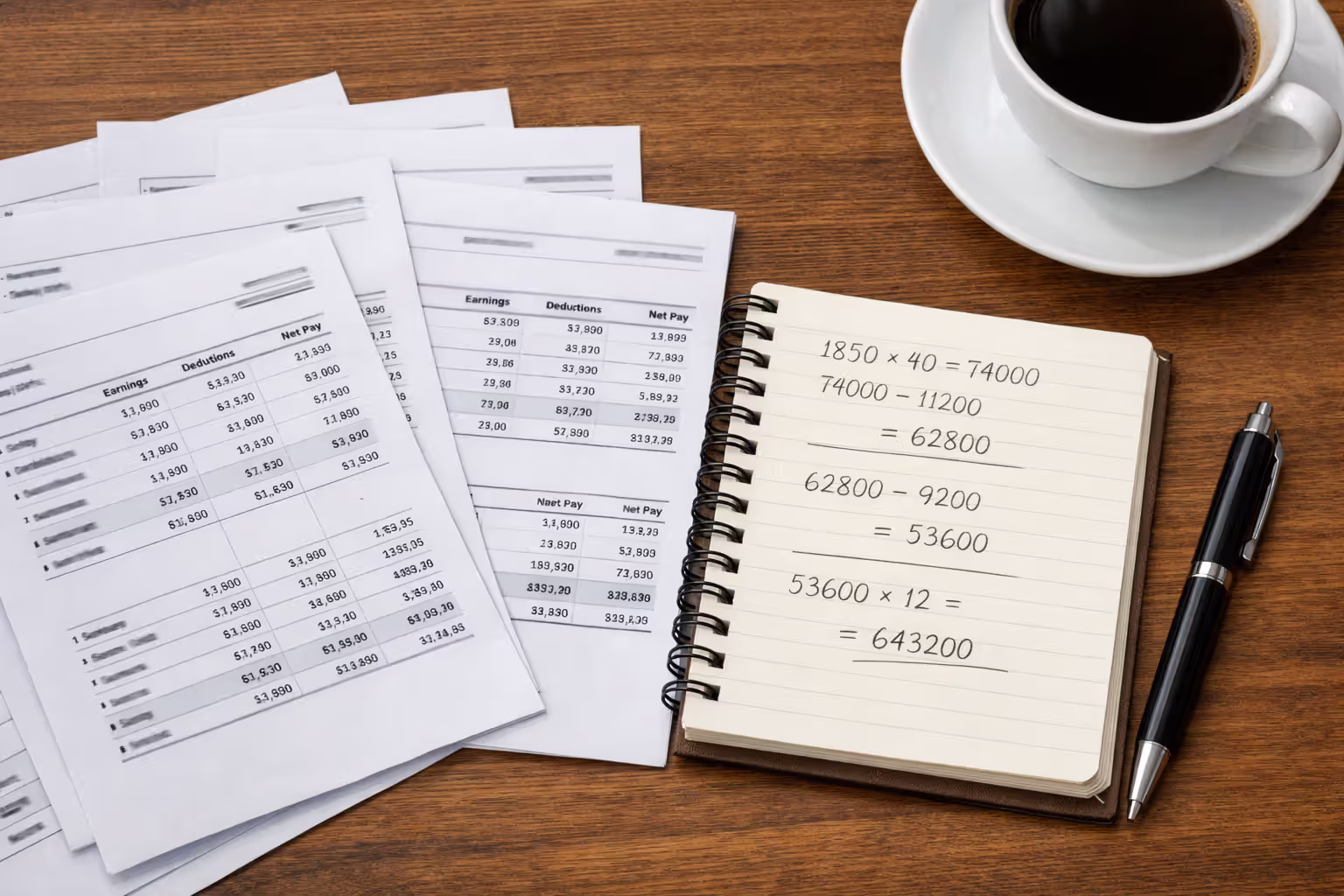 Close-up flat lay of multiple pay stubs spread on a desk with a notepad showing handwritten wage calculations and a pen