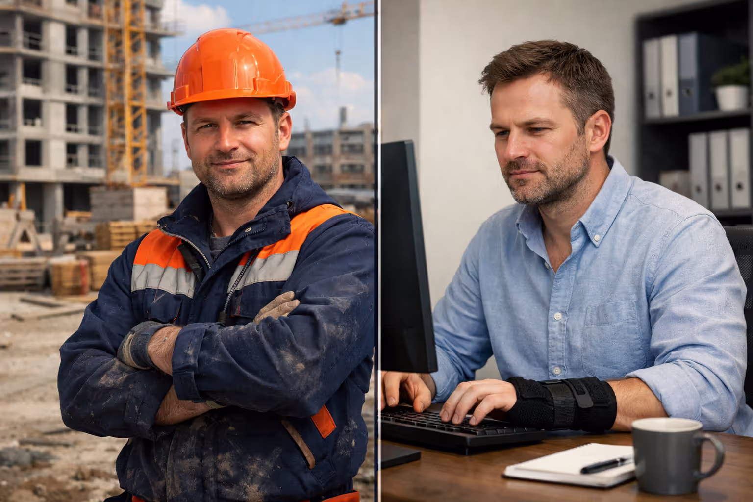 Split image comparing a construction worker in hard hat on a job site on the left and the same person working at an office desk with an arm brace on the right illustrating reduced earning capacity
