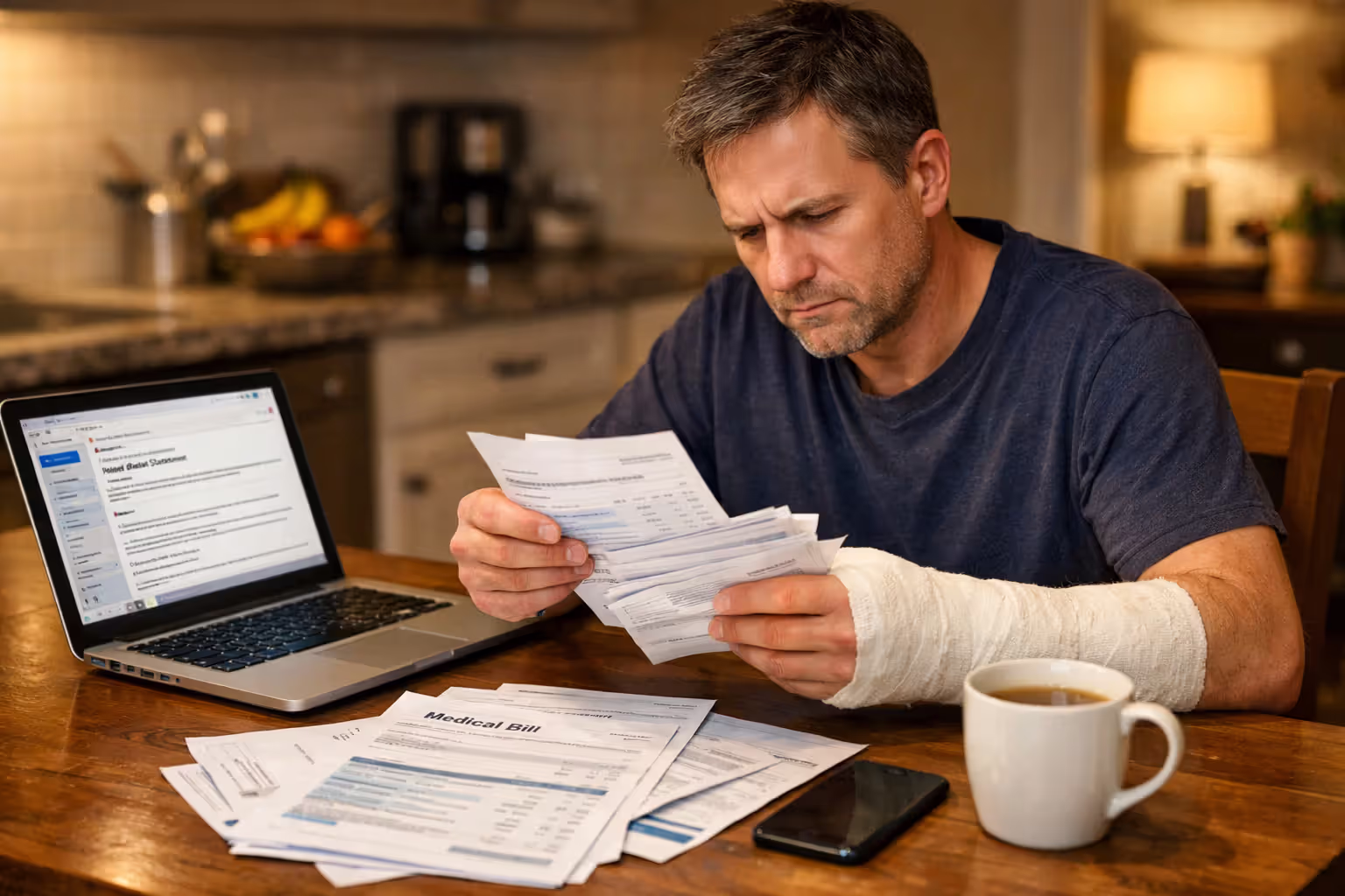 Injured person with arm cast reviewing medical bills and insurance documents at kitchen table with laptop and coffee