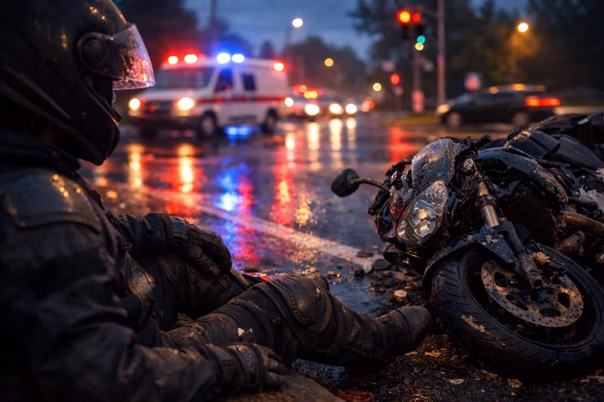 Motorcyclist sitting on roadside next to damaged motorcycle after intersection crash with ambulance lights in background at dusk