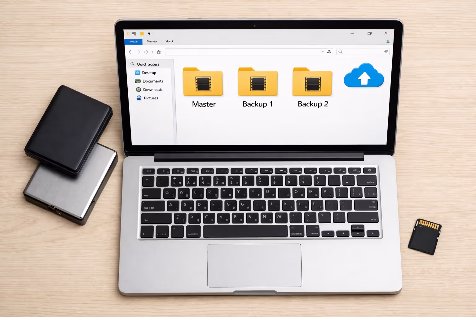 Laptop screen displaying a file manager with three backup folders labeled Master, Backup 1, and Backup 2, with two external hard drives and a memory card on the desk, cloud storage icon visible on screen
