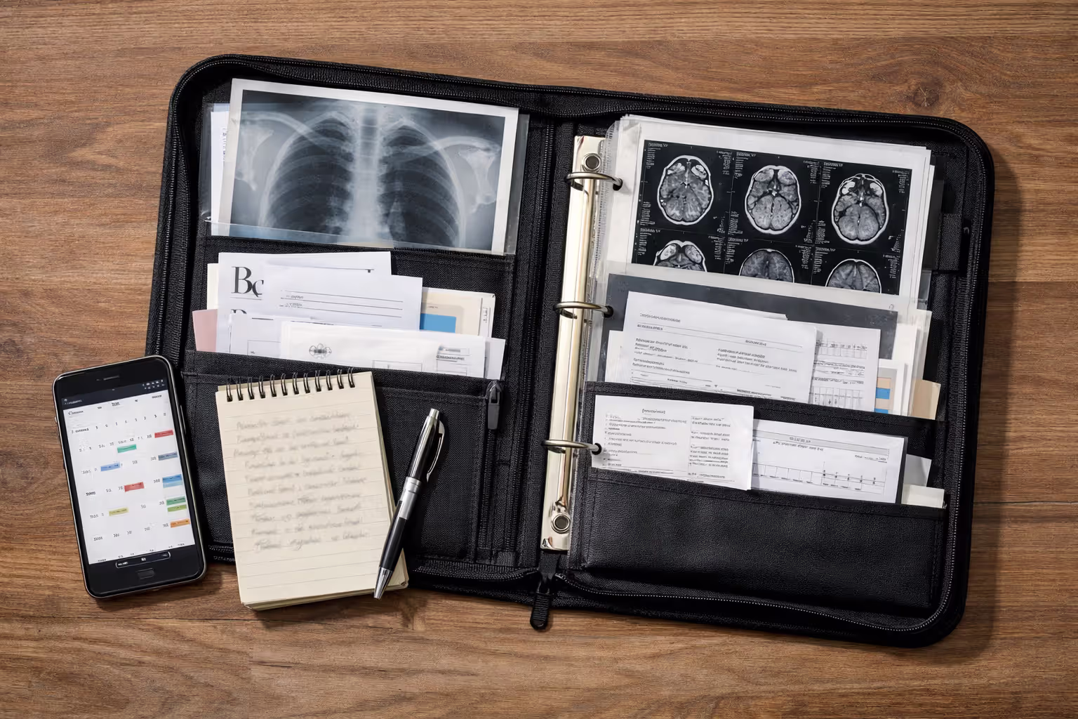 Organized medical evidence folder on desk with X-ray images, MRI printouts, medical bills, handwritten injury journal, pen, and smartphone with calendar app