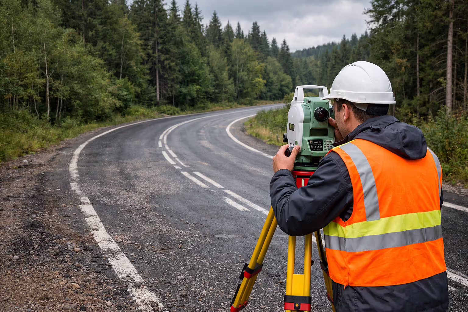 Road safety engineer using total station surveying equipment to measure curve geometry on rural two-lane road with gravel debris