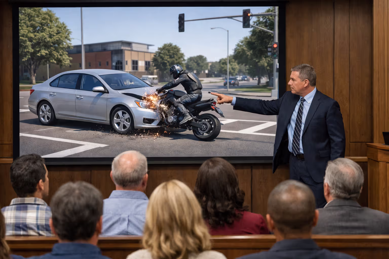 Expert witness presenting 3D motorcycle crash reconstruction animation on courtroom screen to jury during trial testimony