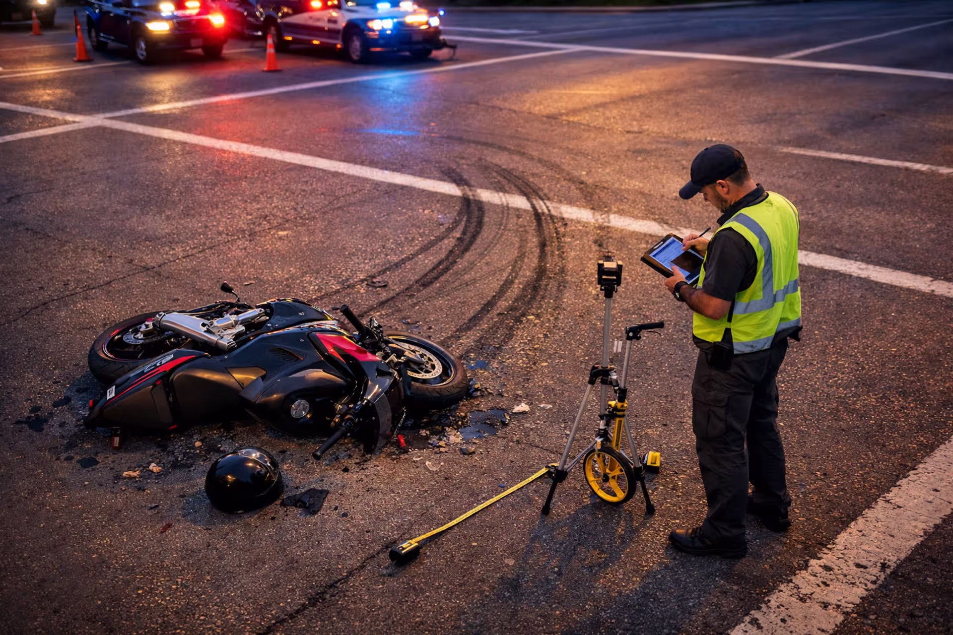 Expert witness investigator examining motorcycle crash scene at intersection with skid marks and overturned sport motorcycle