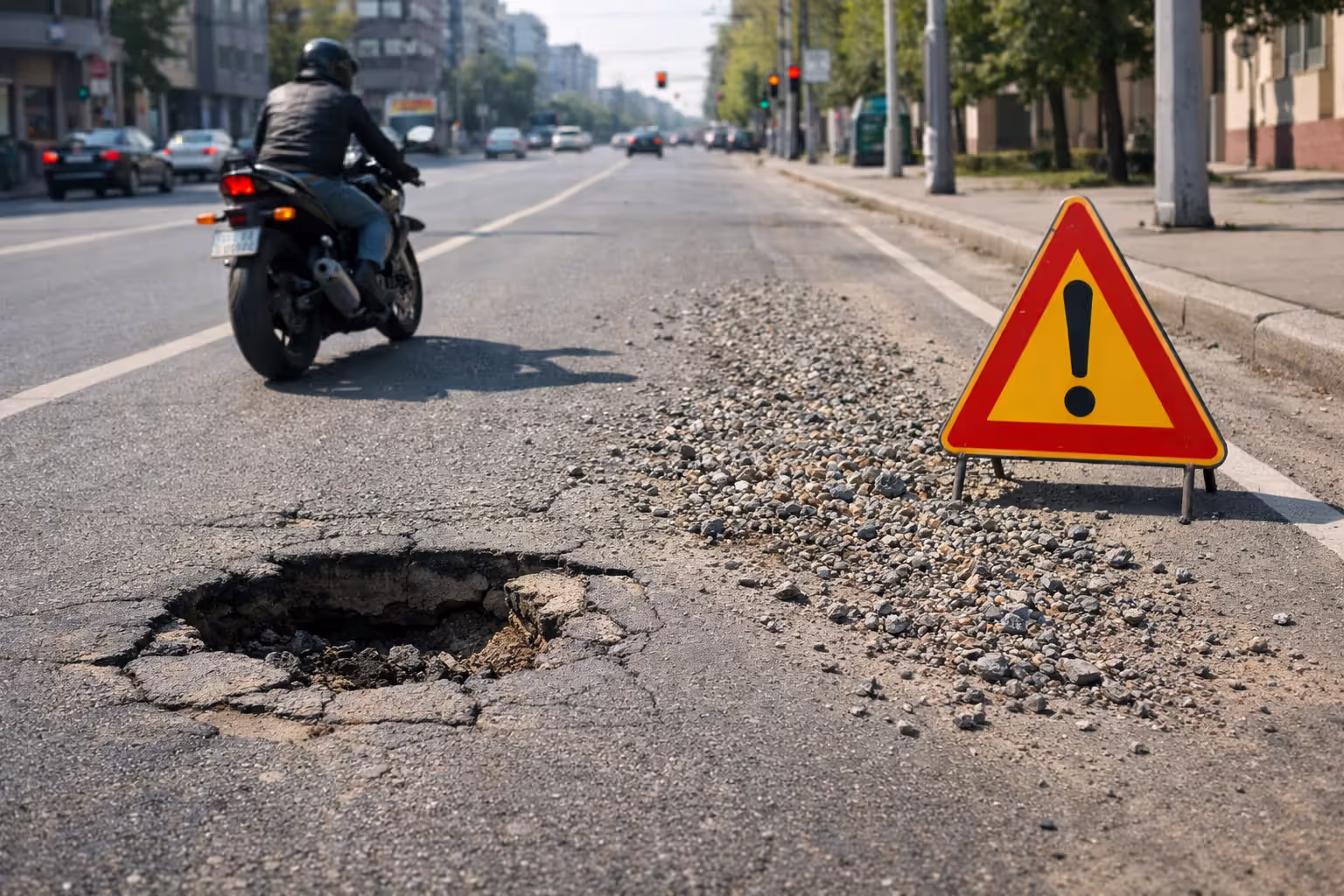 City road with a deep pothole and scattered gravel on the lane, a warning road sign nearby, and a motorcycle swerving to avoid the hazard in daylight