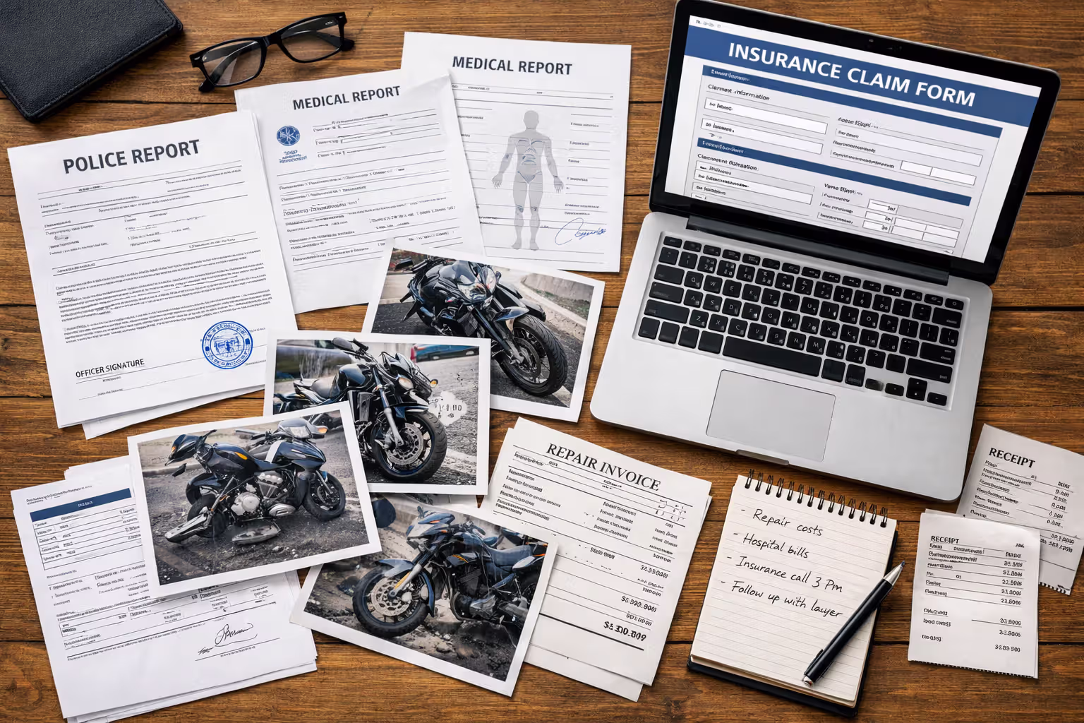 Top-down view of a desk with accident documentation including a police report, medical records, printed photos of a damaged motorcycle, repair receipts, a notebook, and a laptop showing an insurance form