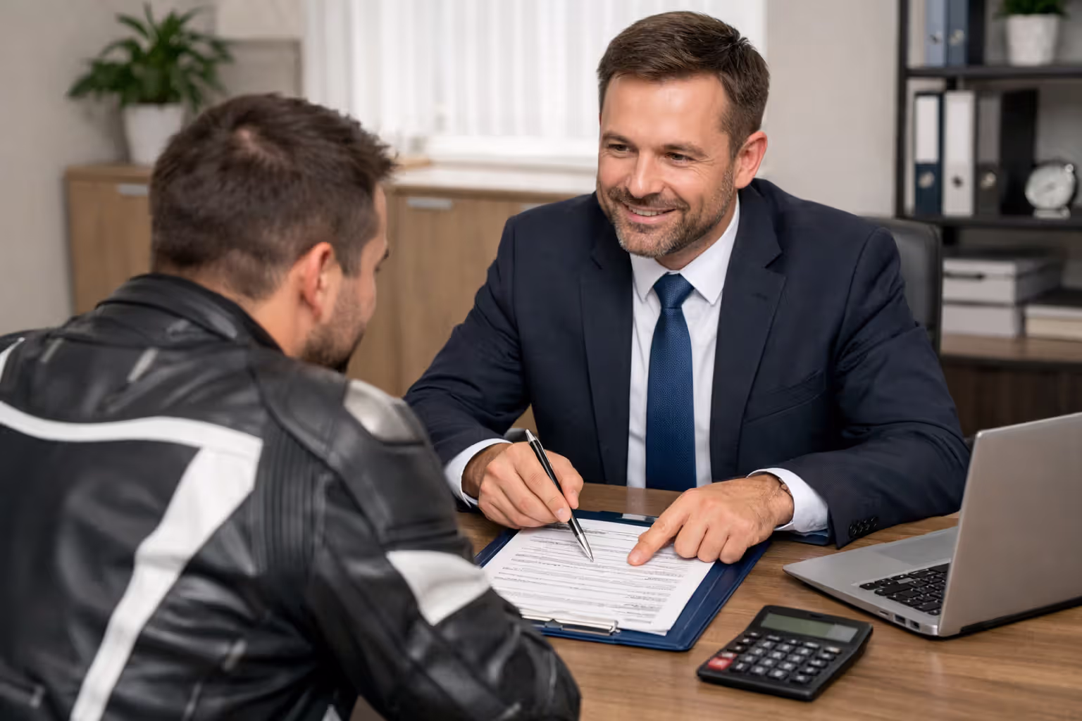 Insurance adjuster in a business suit sitting across a desk from a motorcyclist, reviewing documents together with a calculator and laptop on the table in an office setting