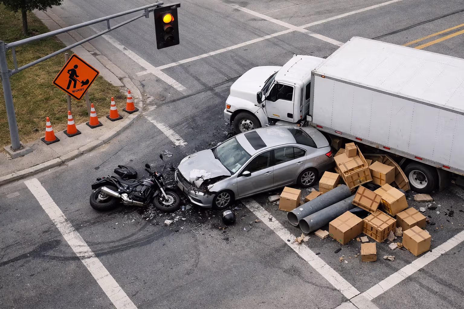 Intersection scene showing a motorcycle, a car, and a truck with fallen cargo, alongside road construction signs and orange cones, with a flashing yellow traffic light, illustrating multi-party liability