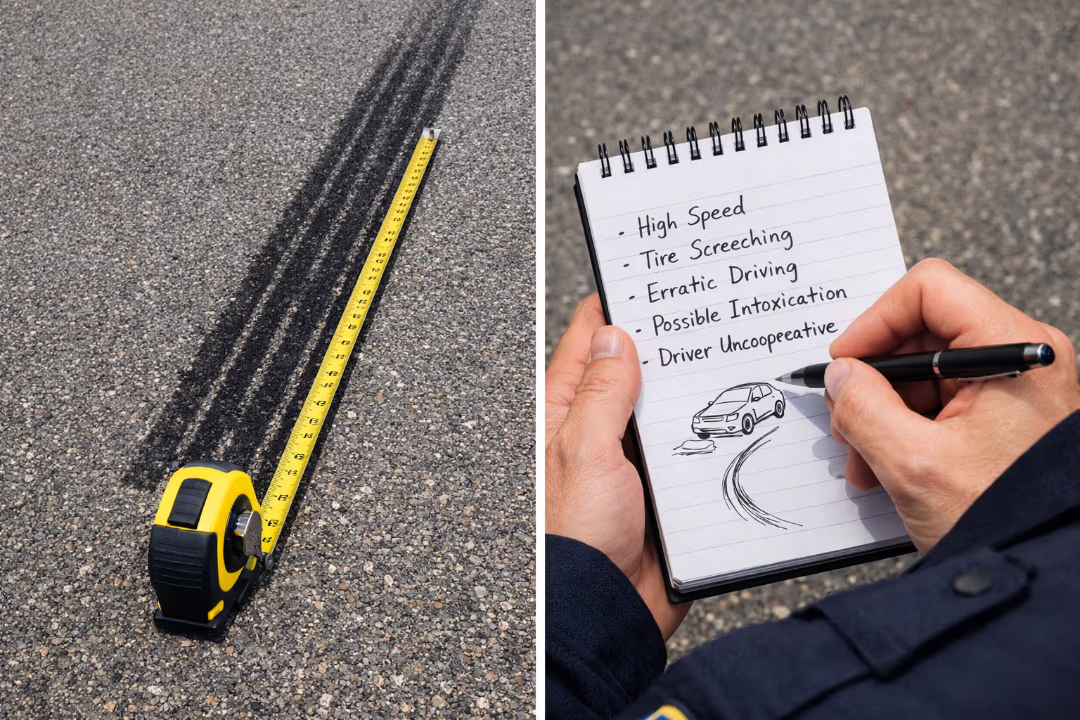 Split image comparing objective evidence of tire skid mark measurement on asphalt and subjective handwritten officer notes in a notebook