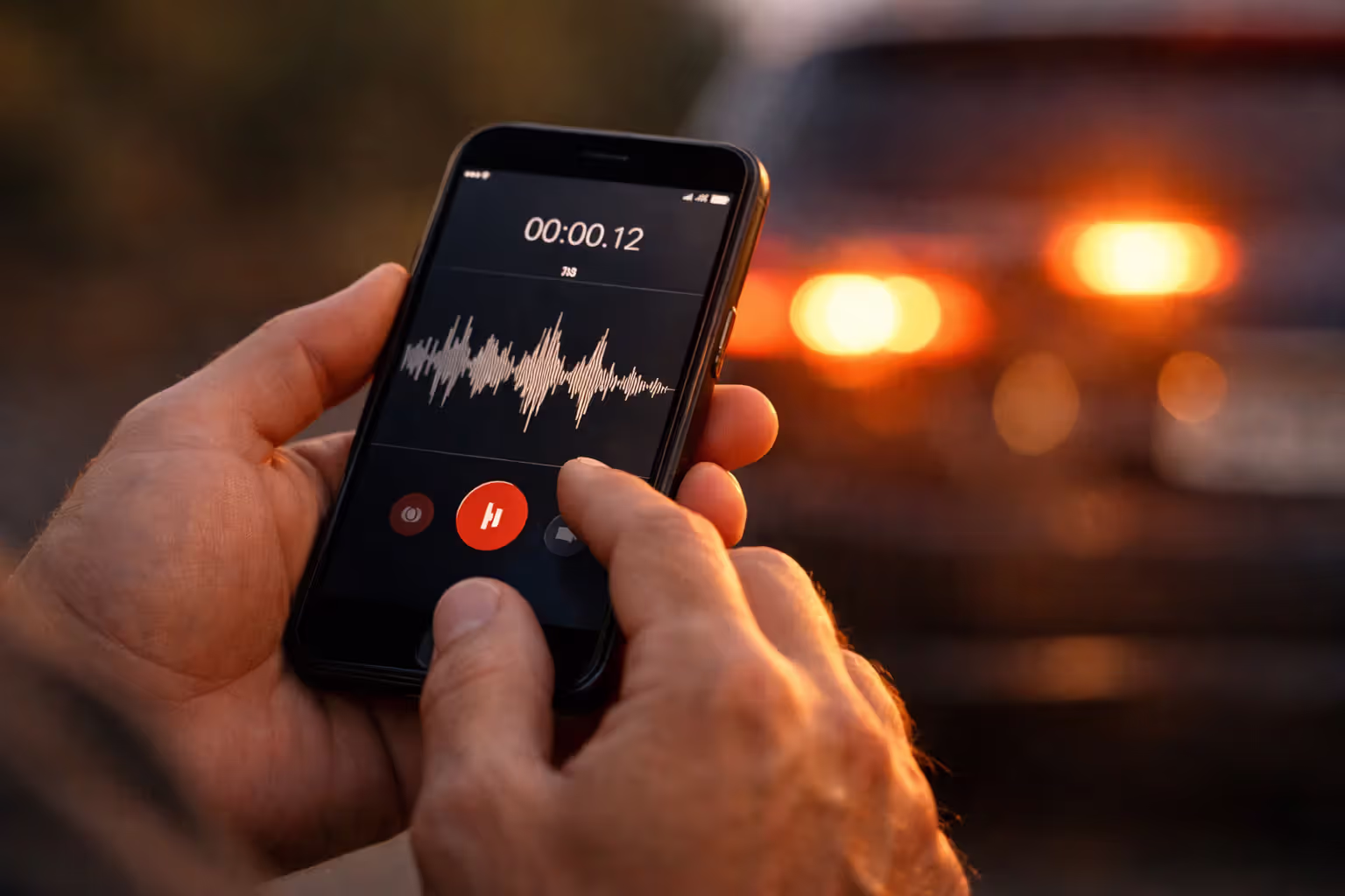 Close-up of hands recording witness statement on smartphone voice recorder app at accident scene