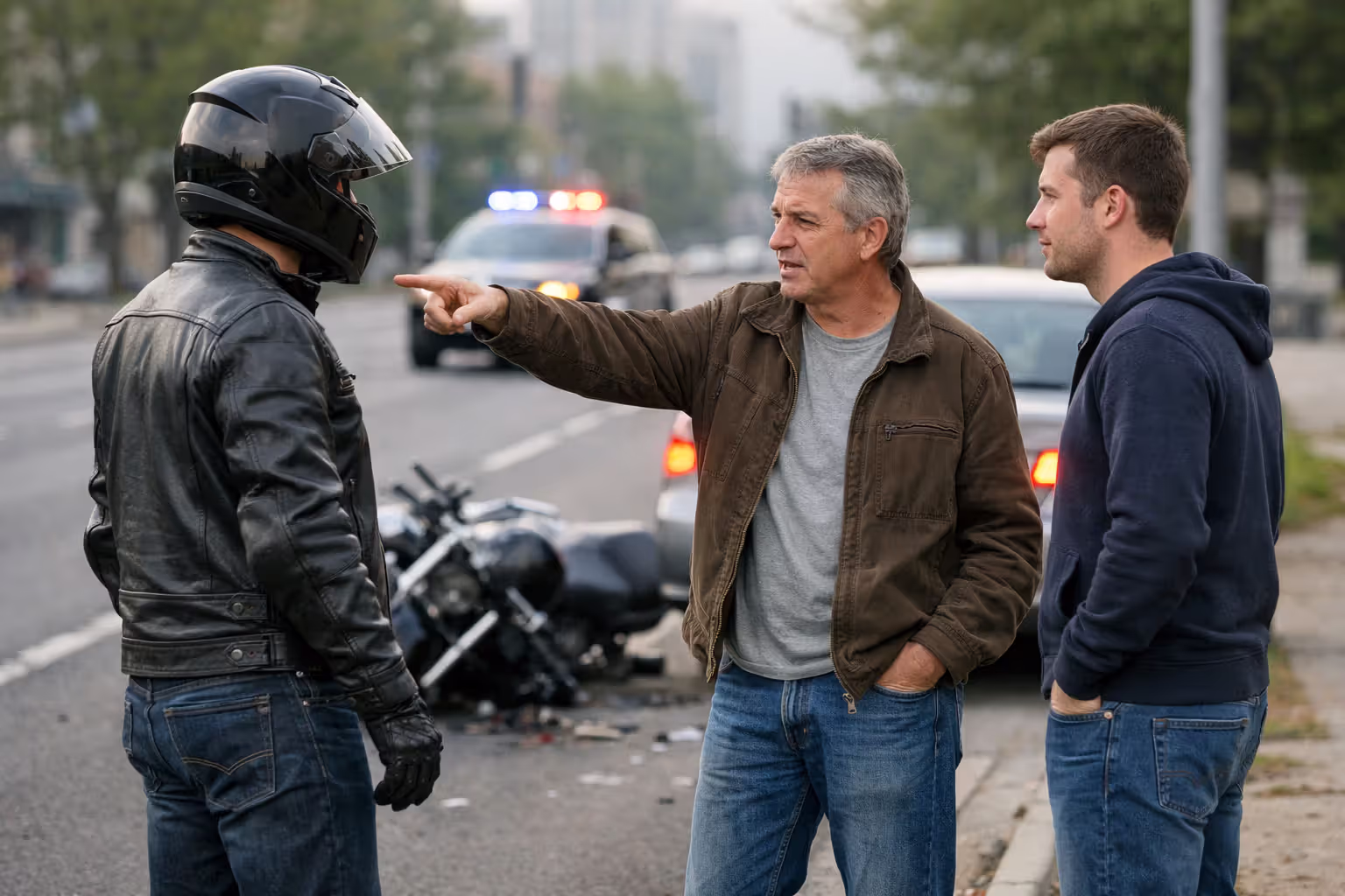 Motorcyclist talking to two civilian witnesses at roadside after crash with damaged motorcycle in background
