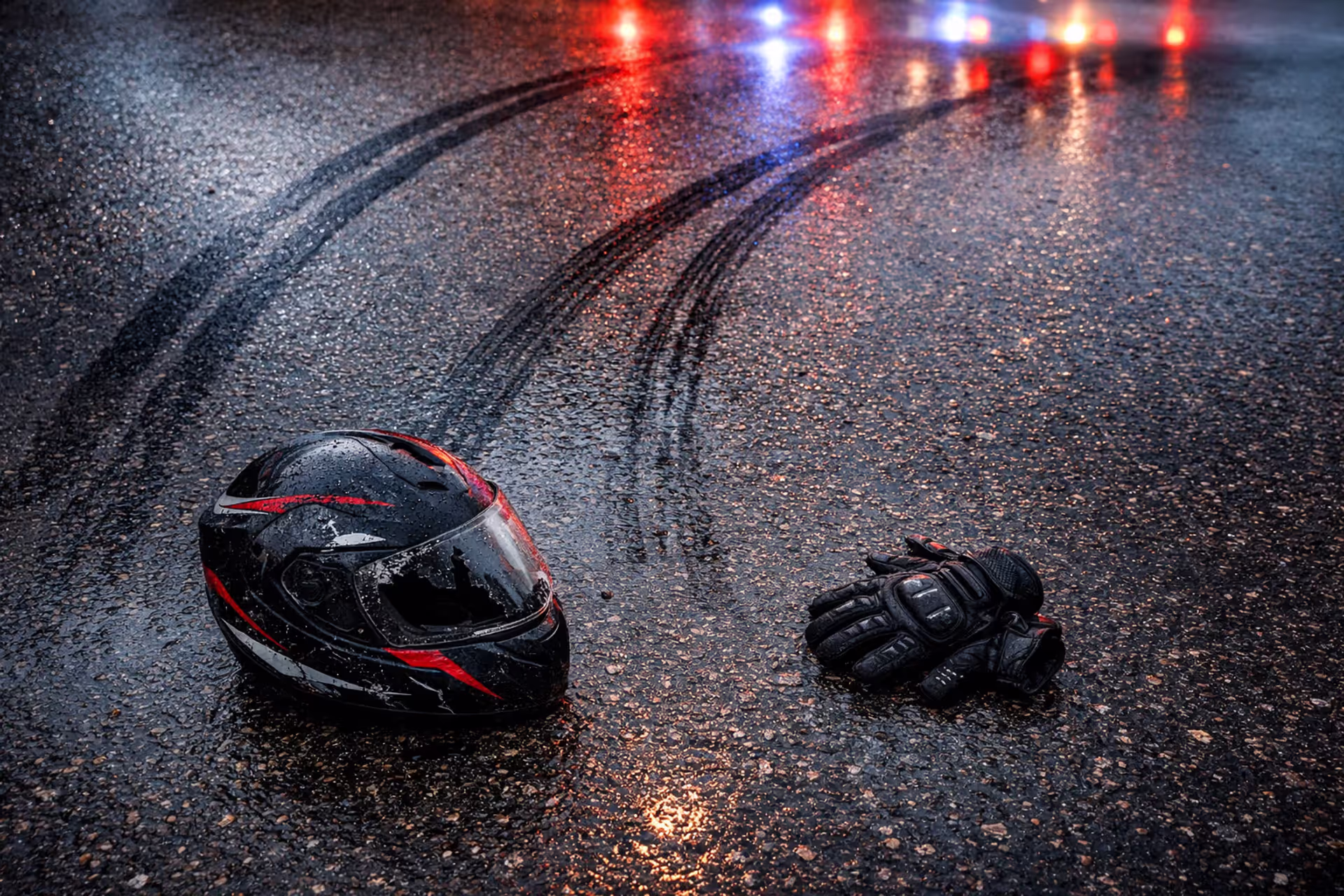 Damaged motorcycle helmet and gloves lying on wet asphalt road with skid marks and blurred emergency lights in background
