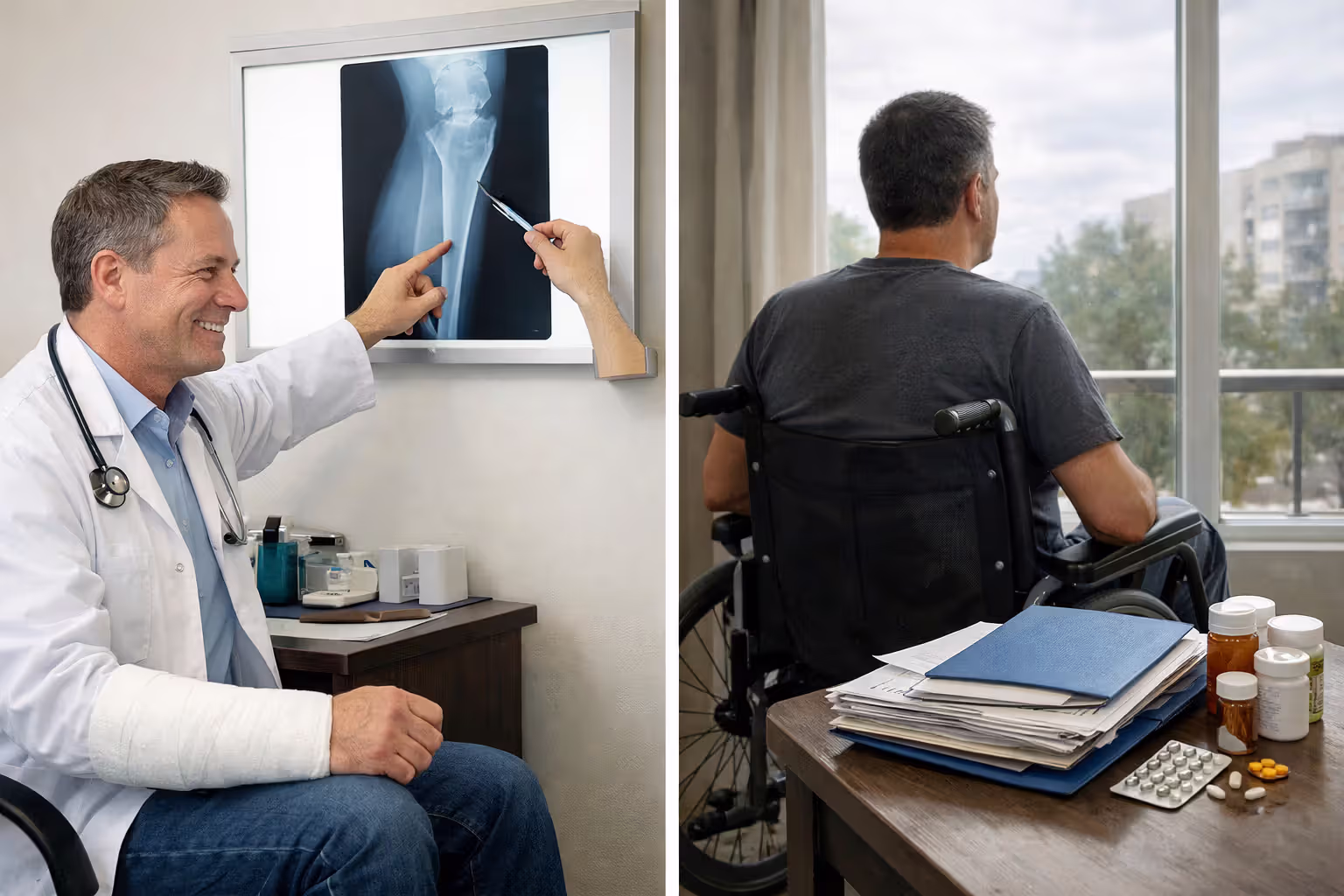 Split image comparing temporary disability with arm cast at doctor office and permanent disability with person in wheelchair looking through window