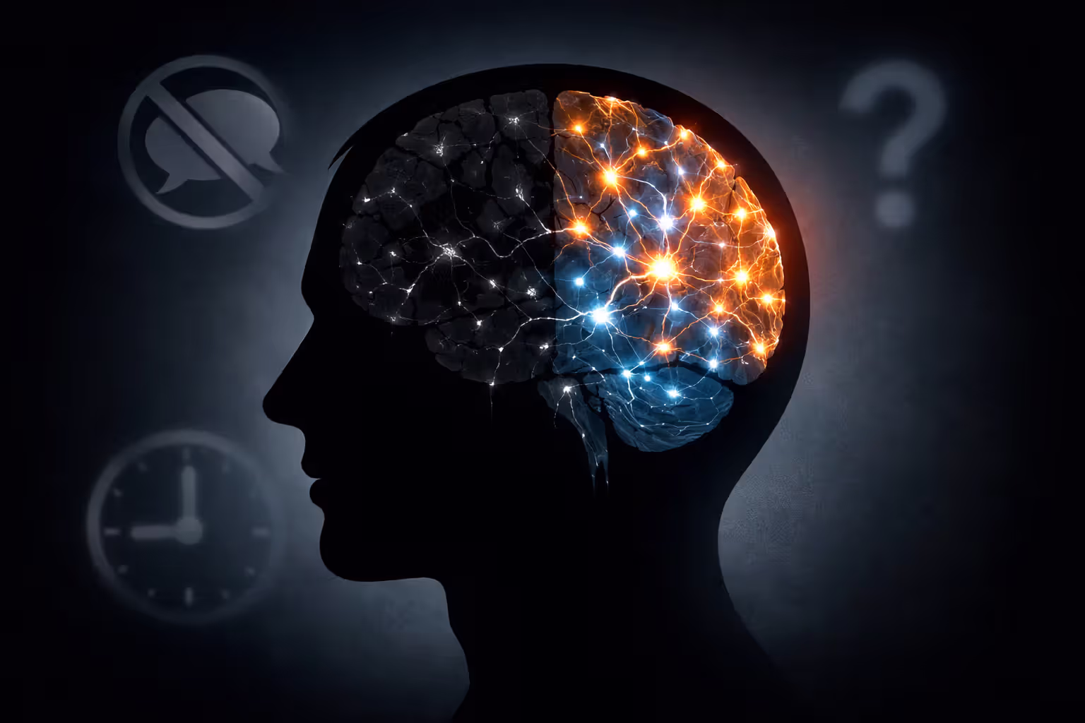 Conceptual medical illustration of human brain silhouette showing damaged neural connections representing invisible traumatic brain injury effects