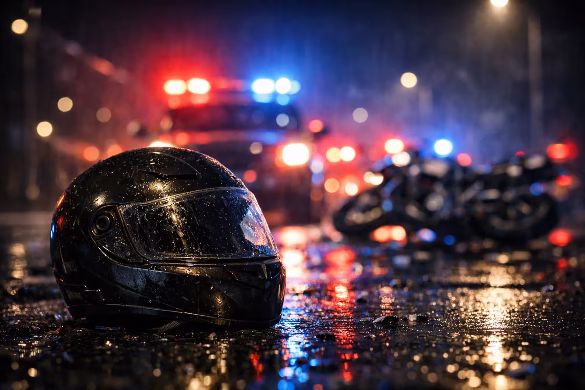 Motorcycle helmet lying on wet asphalt at night with blurred emergency vehicle lights in background after crash