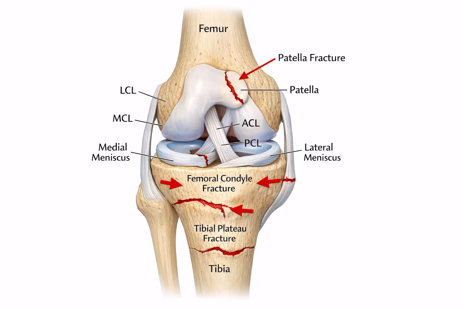 Anatomical 3D illustration of knee joint showing ligaments menisci and common fracture locations in motorcycle accidents