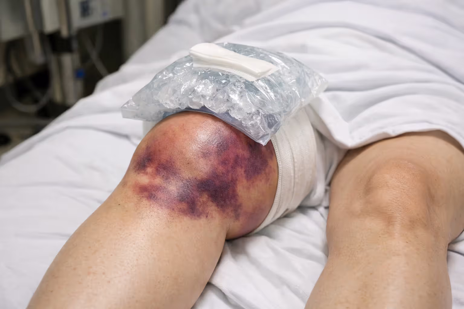 Swollen bruised knee with ice pack on hospital bed showing acute trauma after motorcycle accident