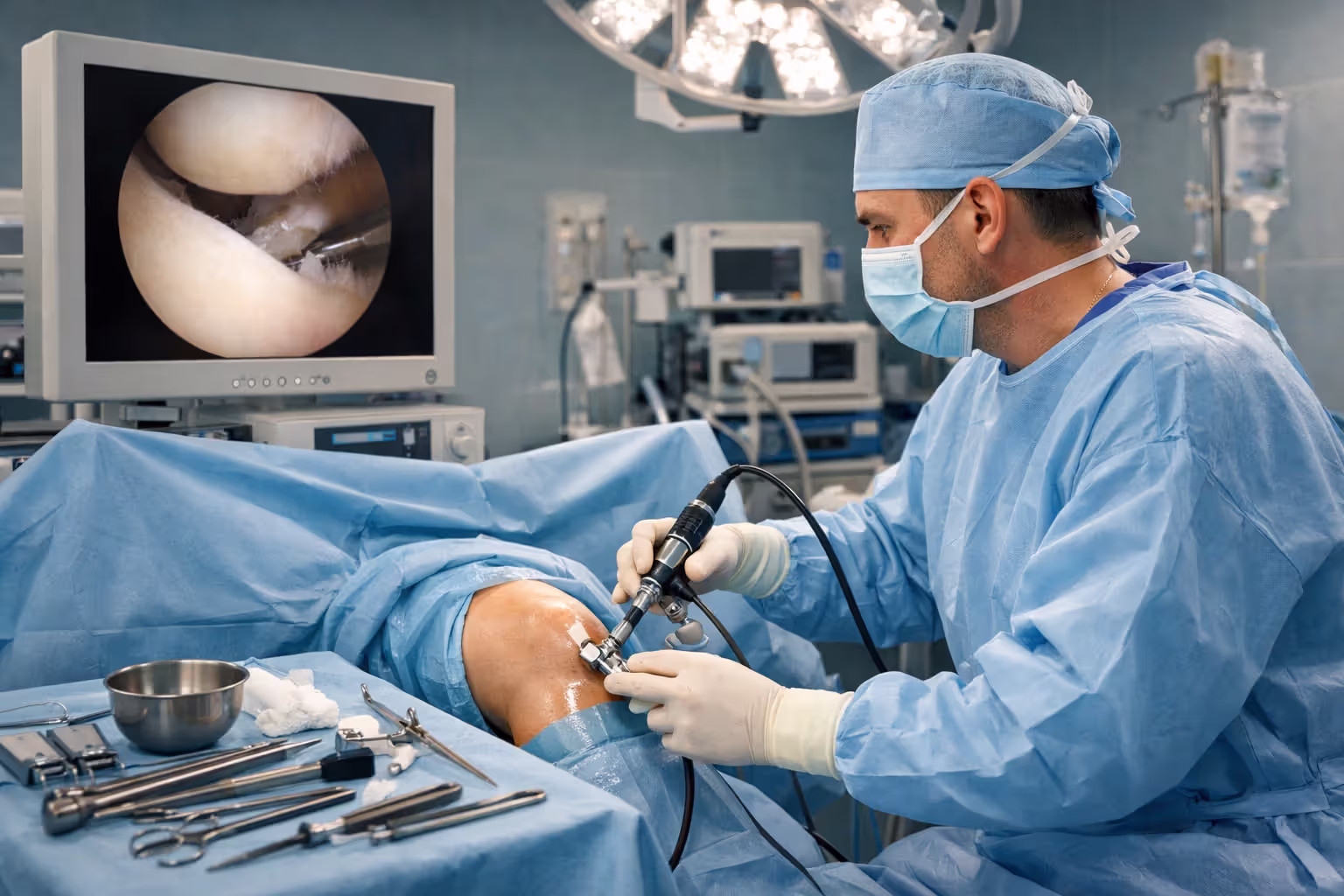 Surgeon performing arthroscopic knee surgery with monitor showing inside of joint in operating room