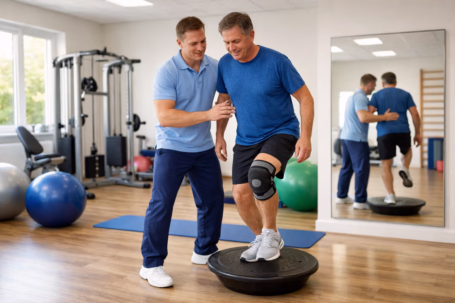 Patient doing balance exercise on wobble board during knee rehabilitation with physical therapist assisting