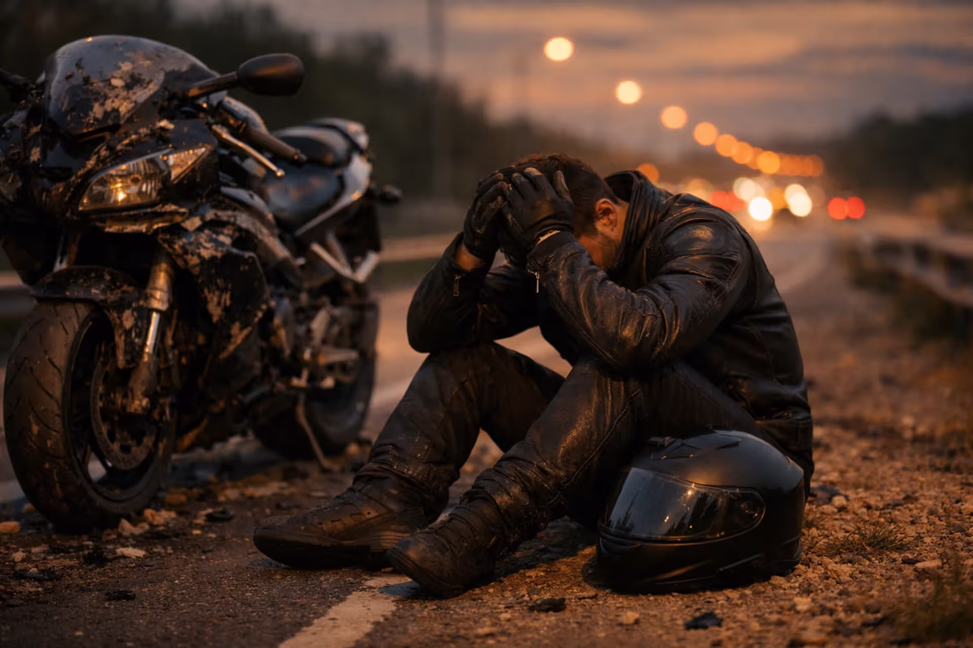 Motorcyclist sitting on roadside next to damaged motorcycle with helmet off, head in hands, emotional distress after crash at dusk