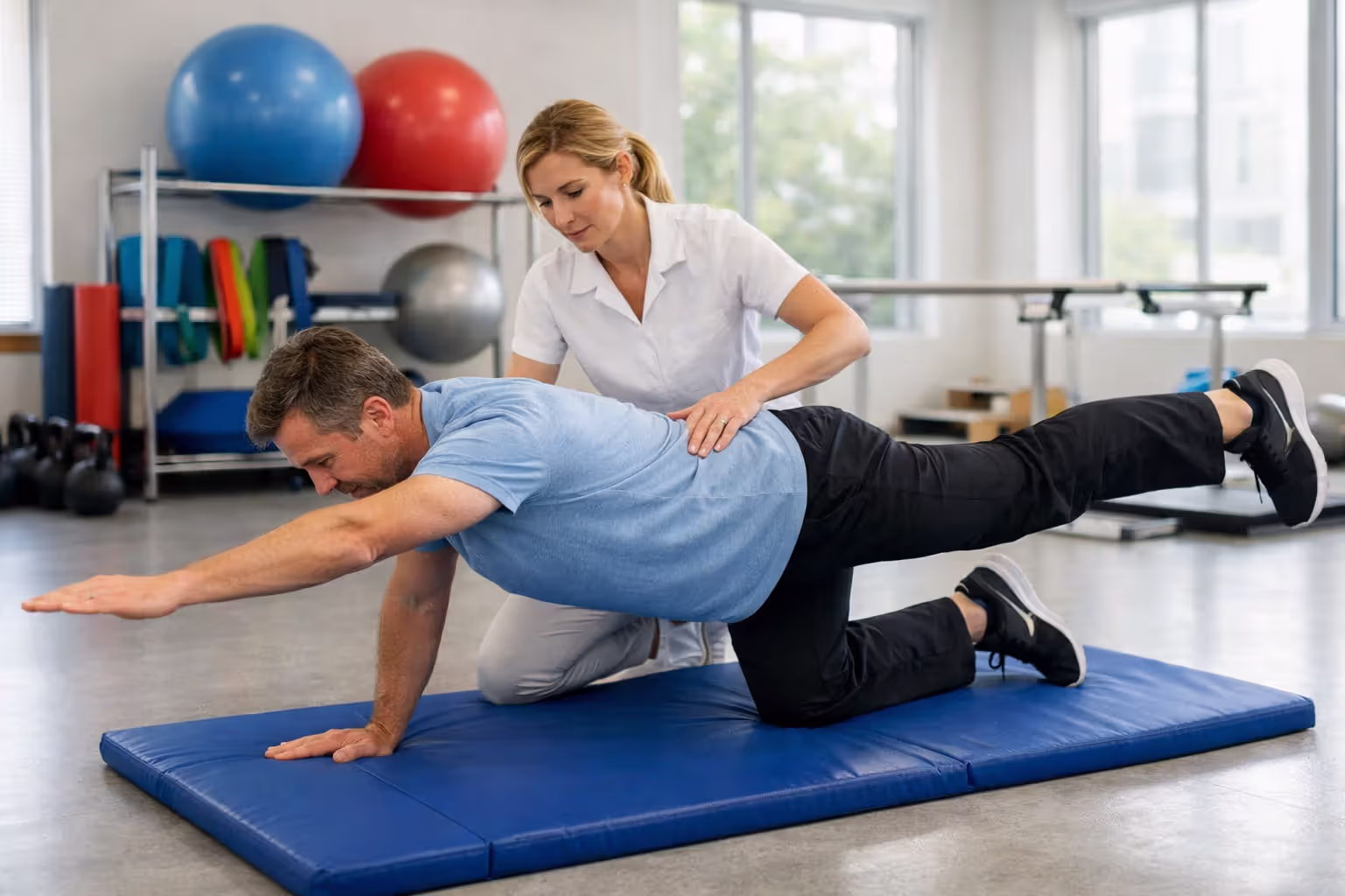 Patient performing core stabilization exercise on a mat in a bright rehabilitation gym with a physical therapist providing guidance