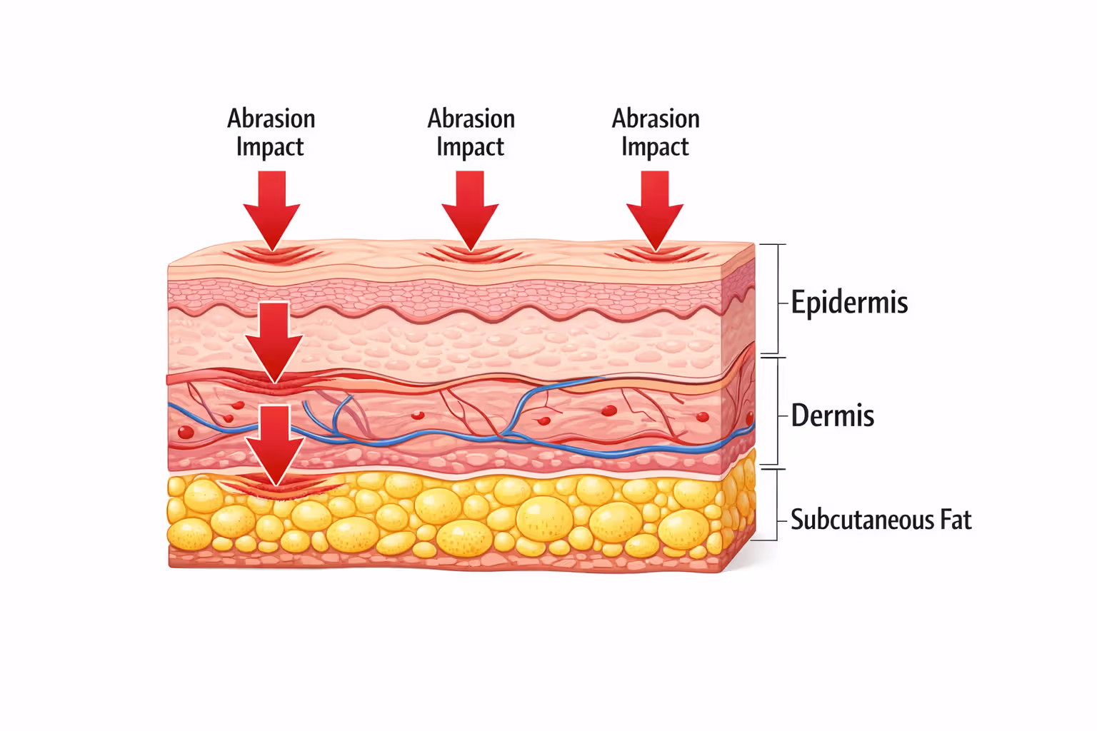 Medical cross-section diagram of human skin showing epidermis, dermis, and subcutaneous tissue layers with abrasion damage indicators