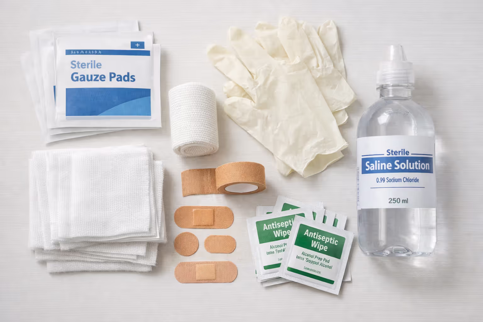 First aid supplies for wound care laid out on a table including sterile gauze pads, gloves, bandage roll, adhesive tape, and saline solution bottle