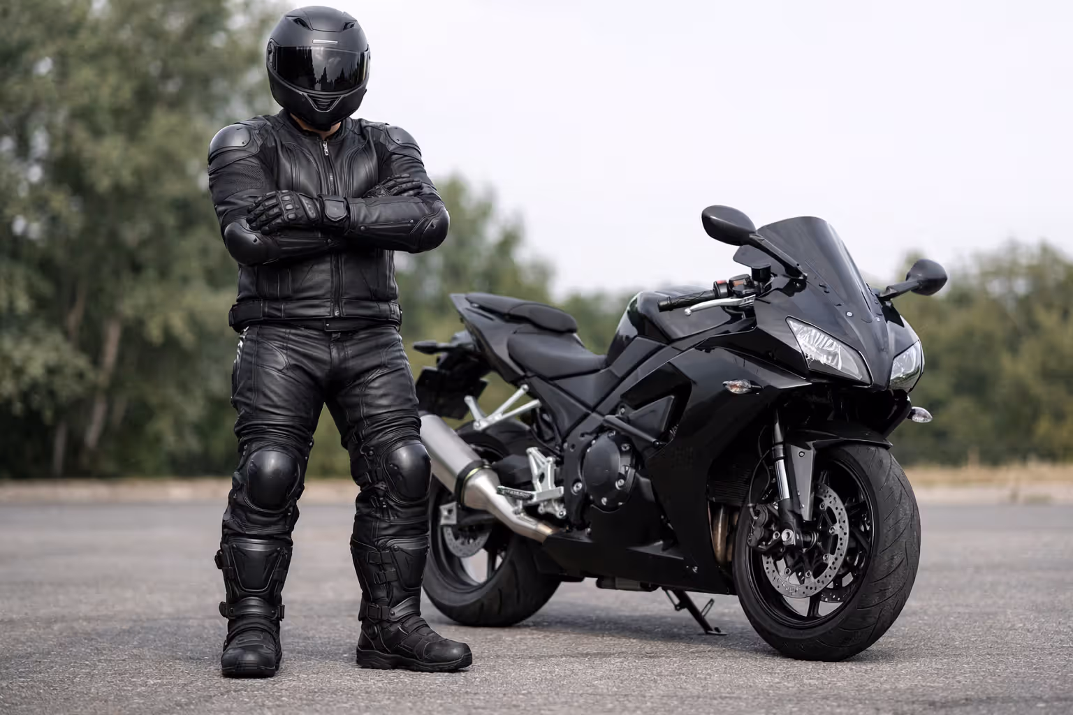 Motorcyclist wearing full protective gear including armored leather jacket, gloves, helmet, boots, and knee guards standing next to a motorcycle