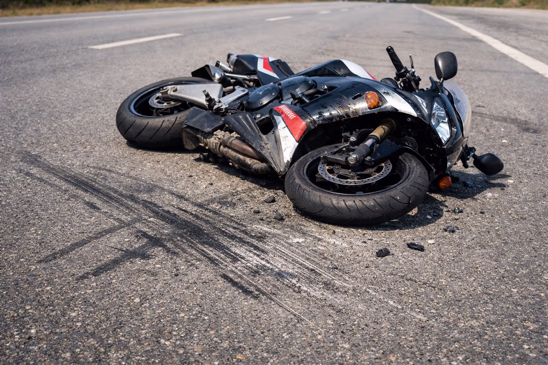 Crashed motorcycle lying on its side on asphalt road with skid marks and scratches on the pavement surface
