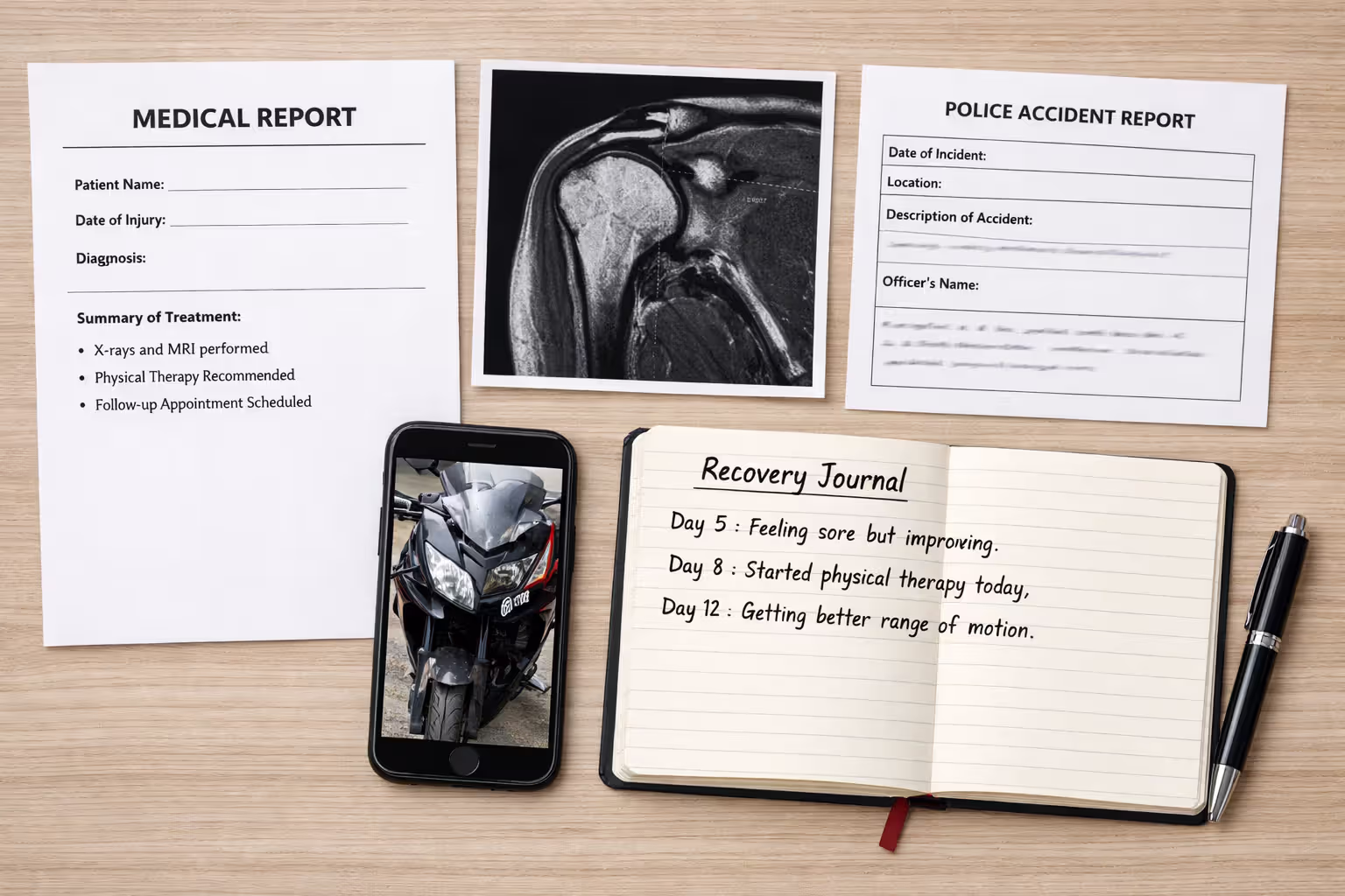 Flat lay of motorcycle accident insurance claim documents including MRI scan, police report, medical records, and recovery journal