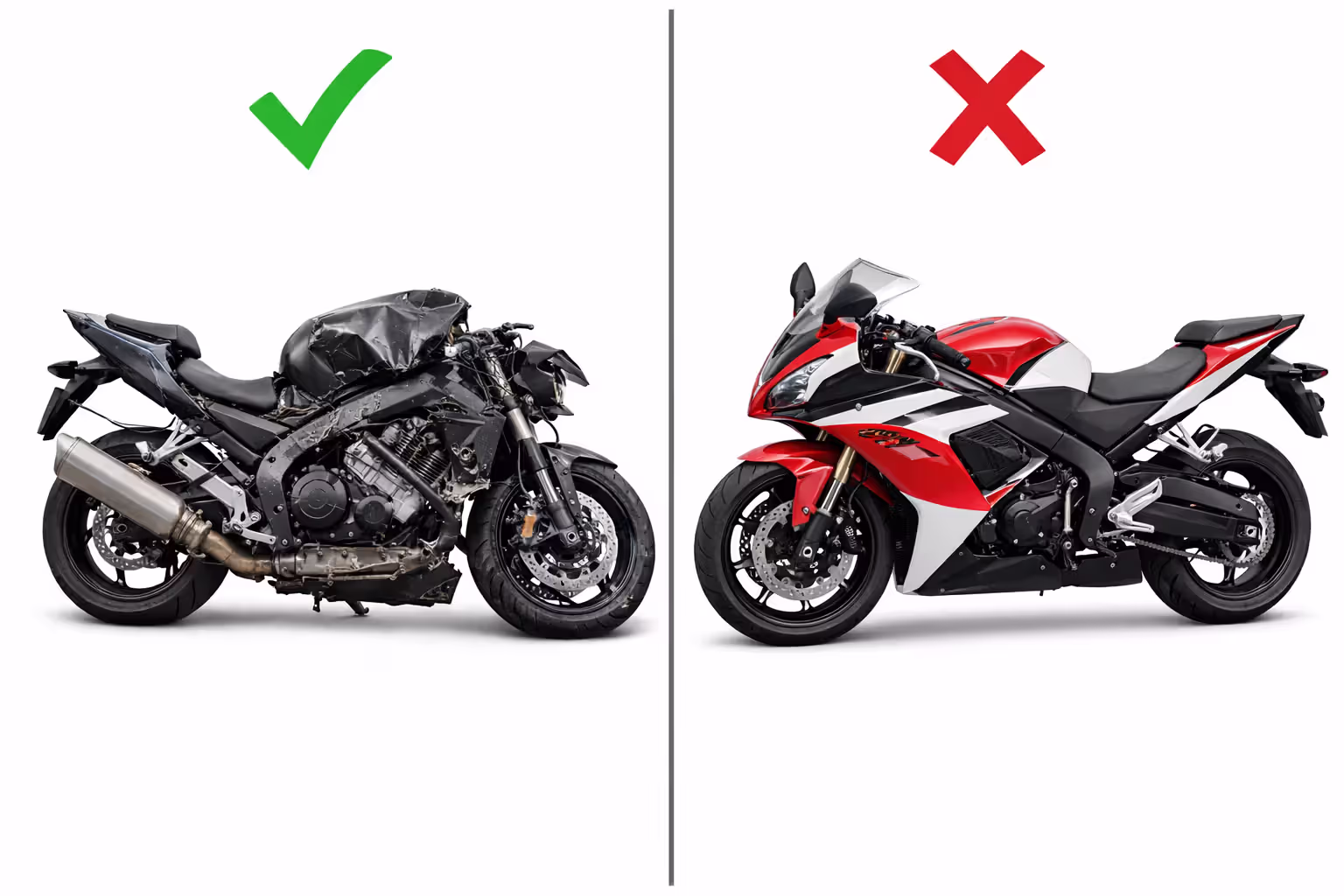 Split image comparing a heavily damaged motorcycle with a green checkmark and a slightly scratched motorcycle with a red cross mark, illustrating when to file a claim