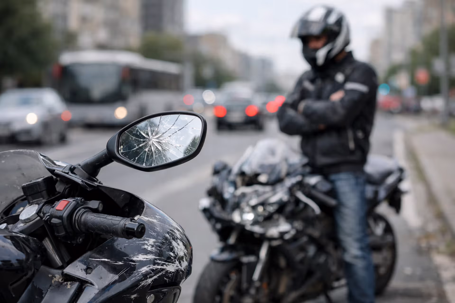 Motorcyclist standing next to a damaged motorcycle with scratched fairings and a cracked mirror on a city roadside