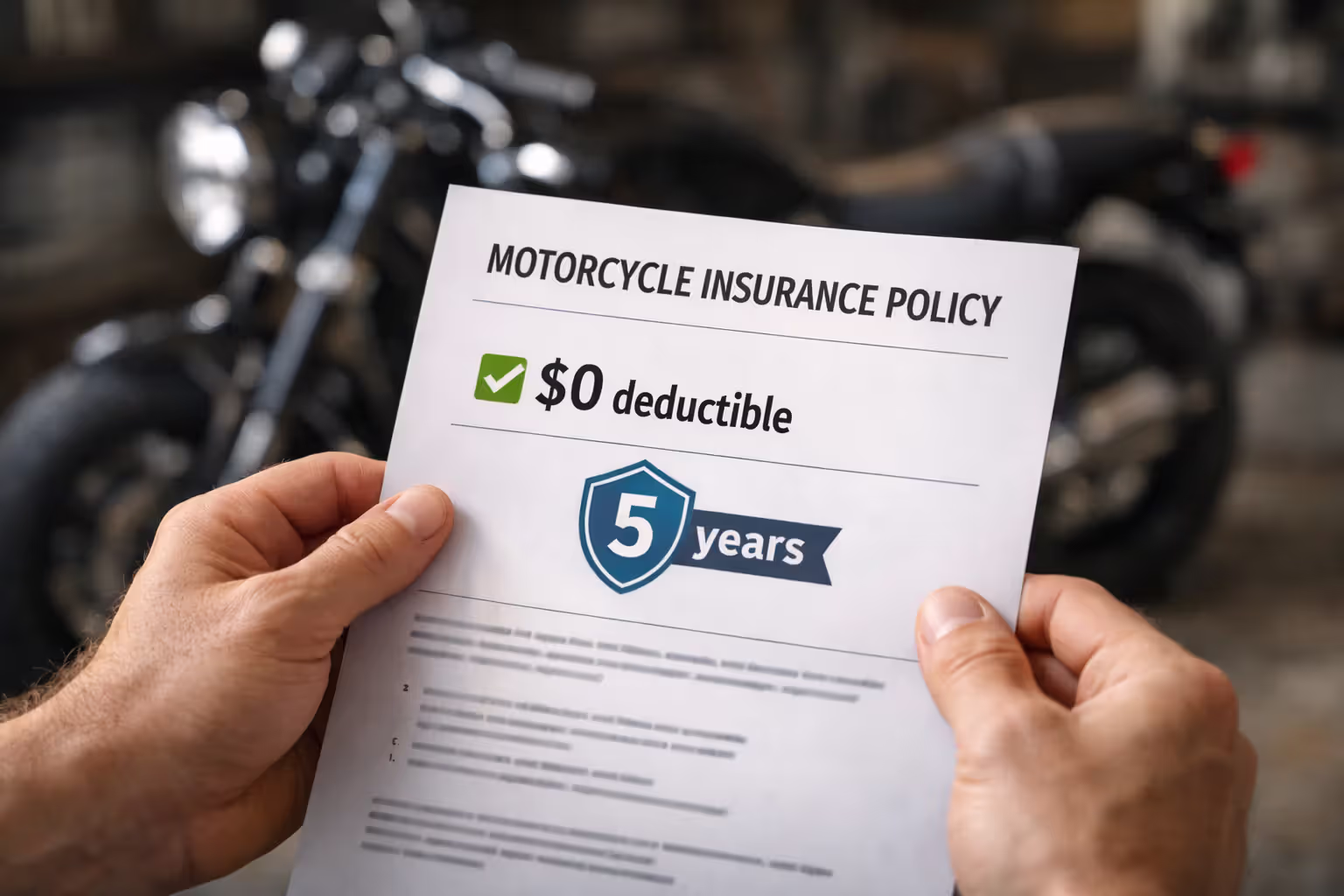 Close-up of motorcycle insurance policy showing zero deductible with five-year safe riding shield icon