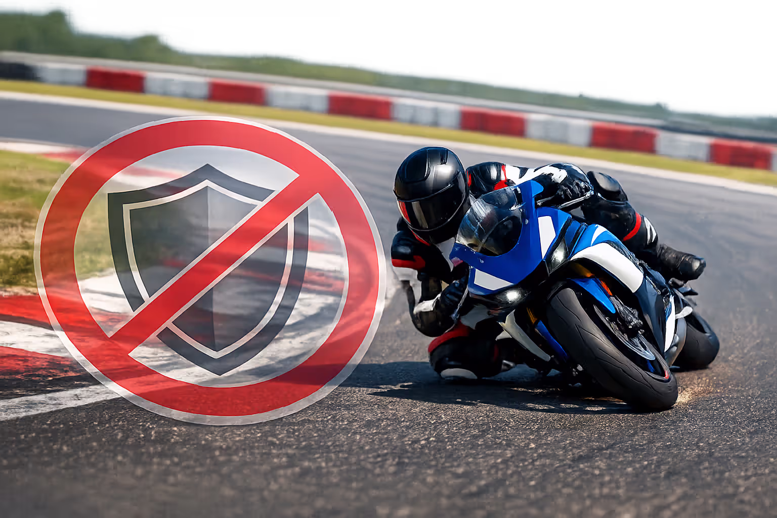 Motorcycle racer leaning into turn on racetrack with knee down and crossed-out insurance shield icon overlay