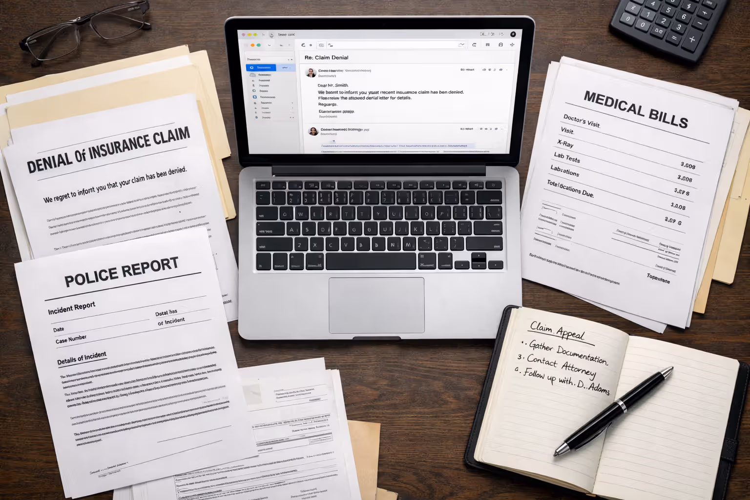 Overhead view of desk with claim denial letter police report medical bills notebook and laptop showing email correspondence with insurance company