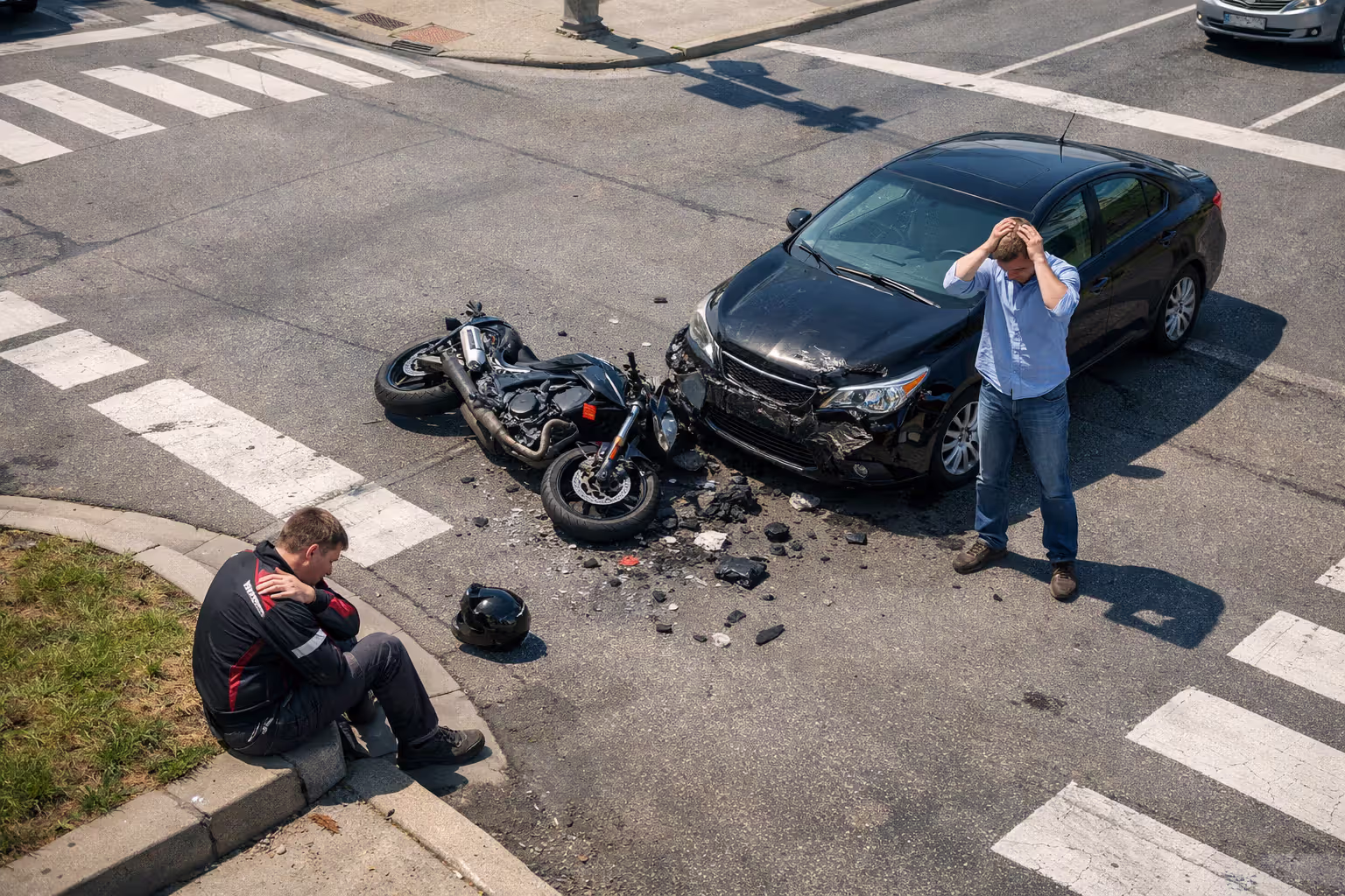 Overhead view of a city intersection with a motorcycle lying on its side after collision with a car, rider sitting on the curb holding shoulder, driver standing by the car