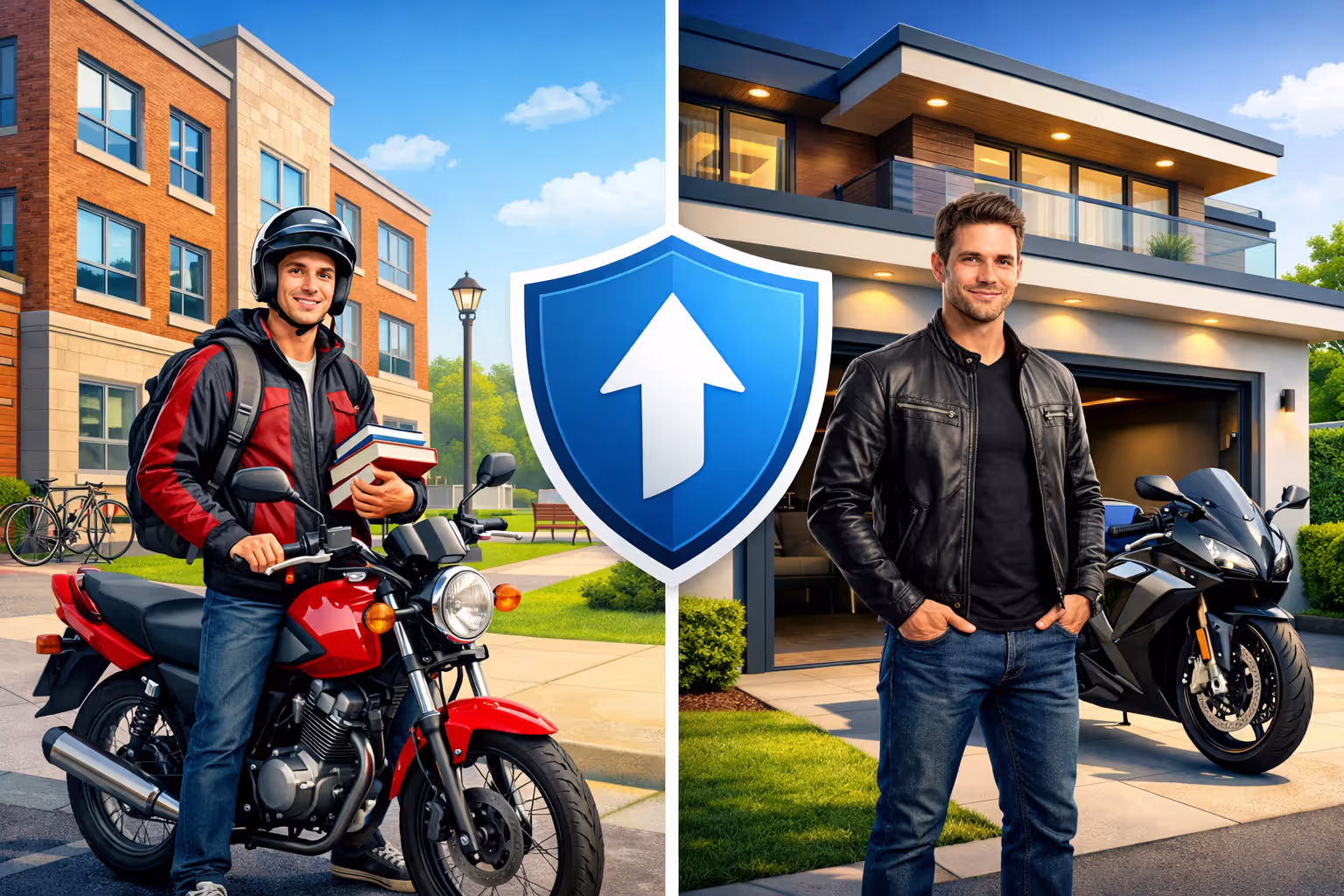 Split comparison image showing a young rider on a budget motorcycle near a dorm on the left and the same person older with a house and premium motorcycle on the right with a shield icon symbolizing increased insurance coverage