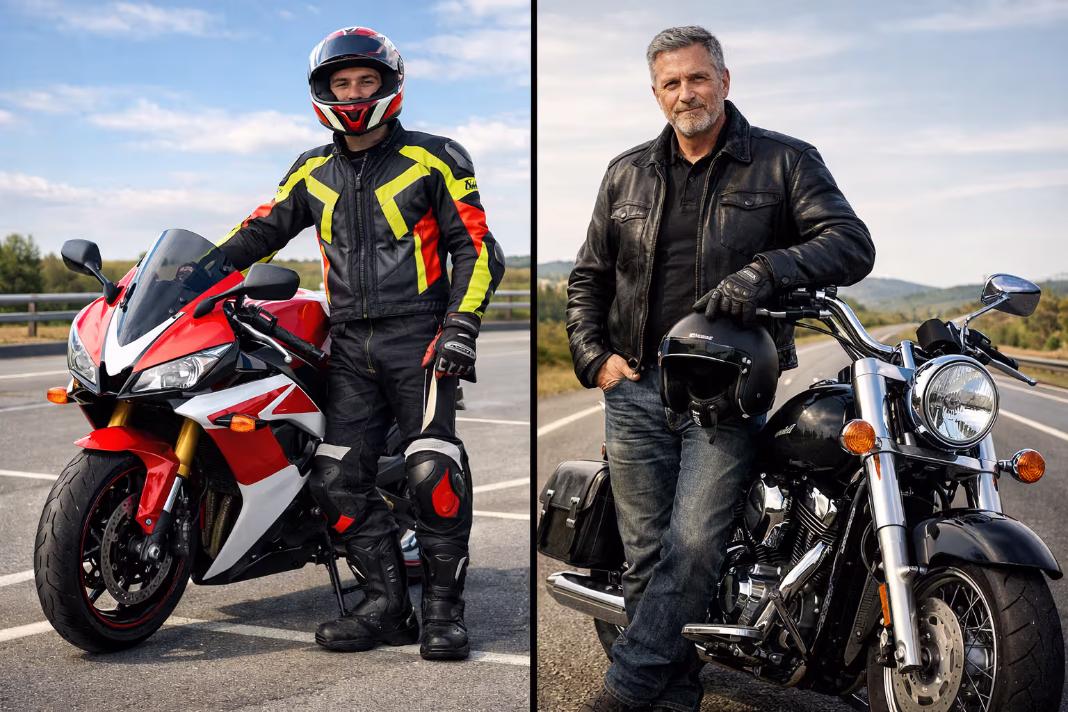Split image comparing young rider in bright gear next to sport bike on the left and mature rider in leather jacket next to cruiser on the right